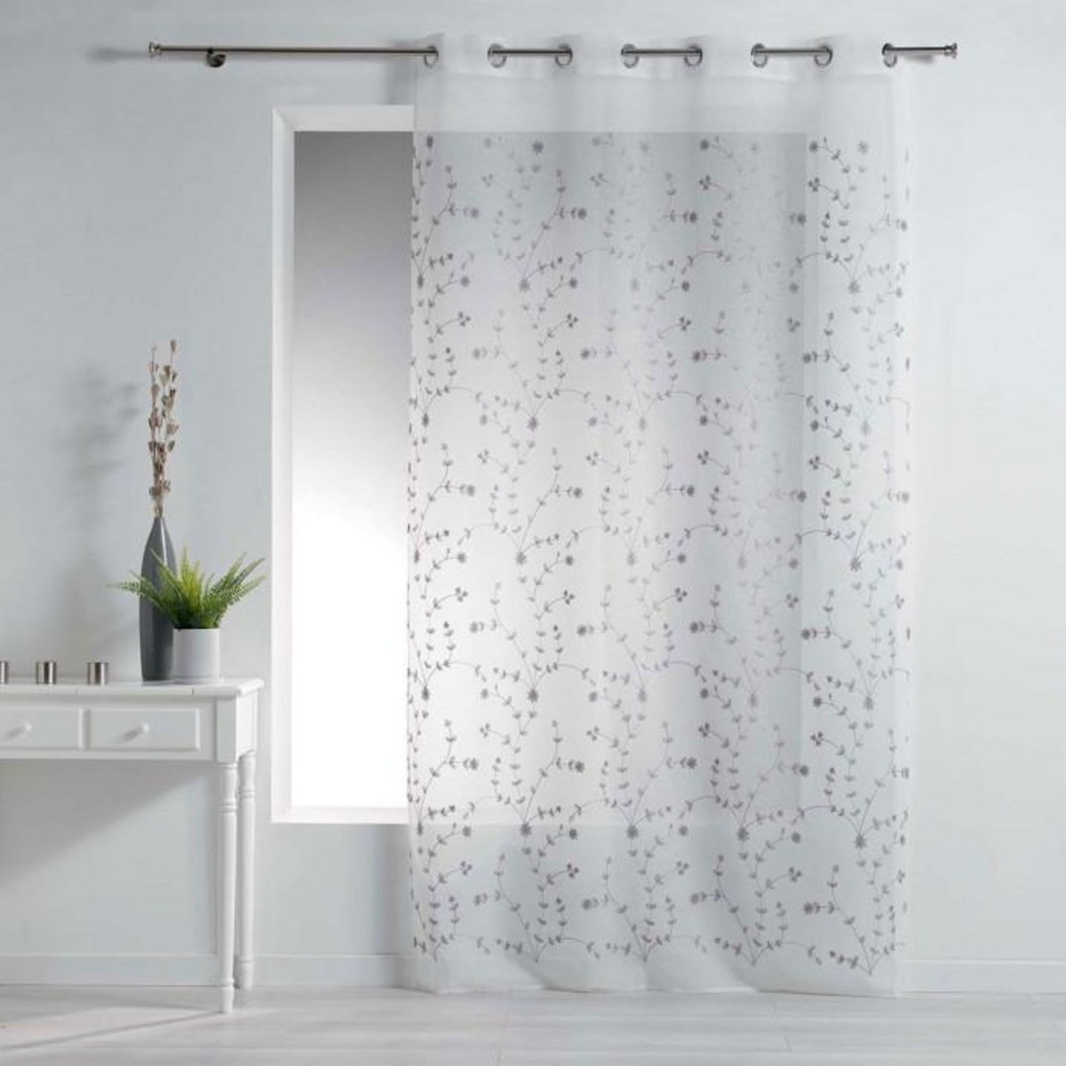 Paris Prix Rideau Voilage à Œillets  Petite Fleur  140x240cm Blanc & Gris