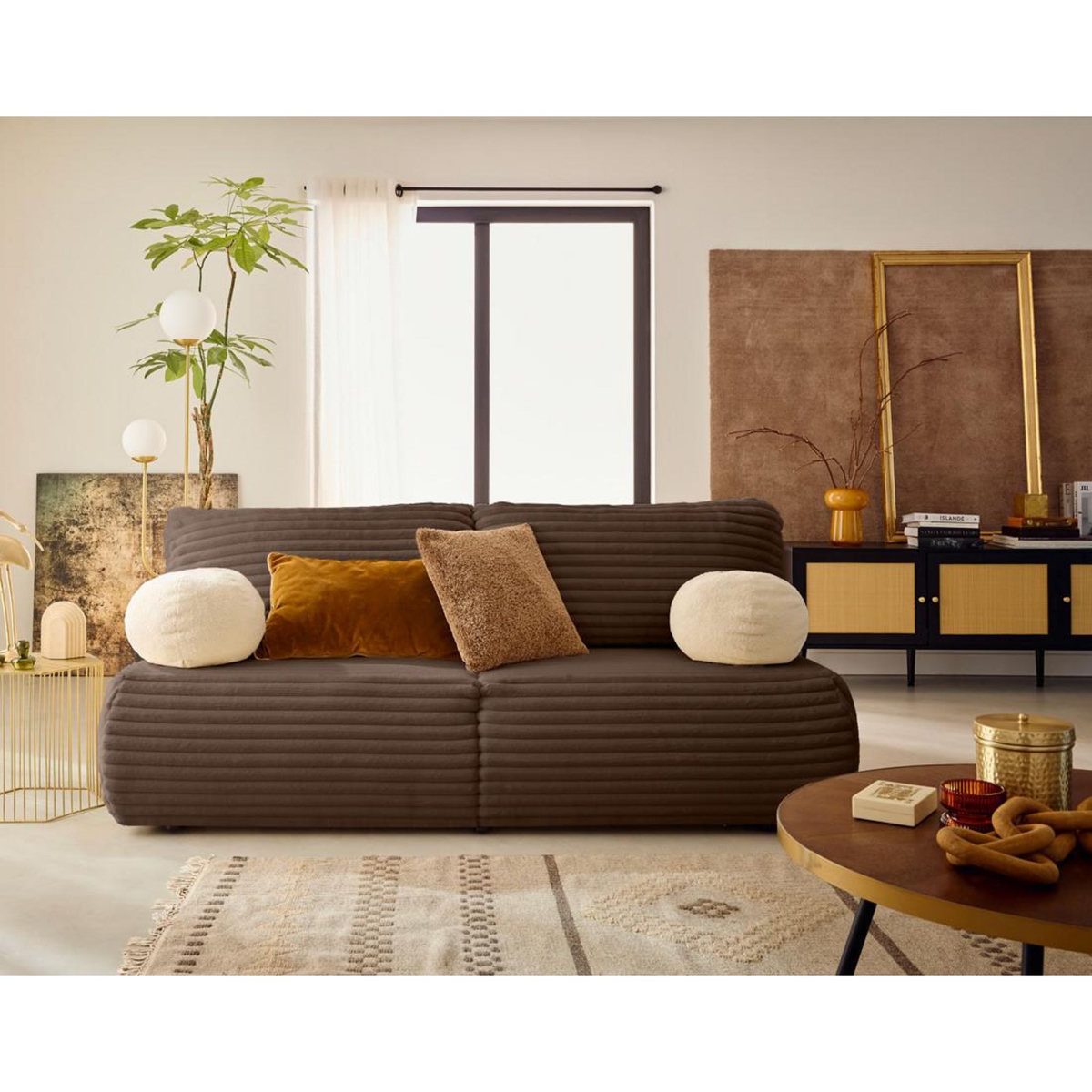 BEST MOBILIER Marvin - canapé 3 places convertible et coffre en fausse fourrure côtelée avec 2 coussins boule inclus