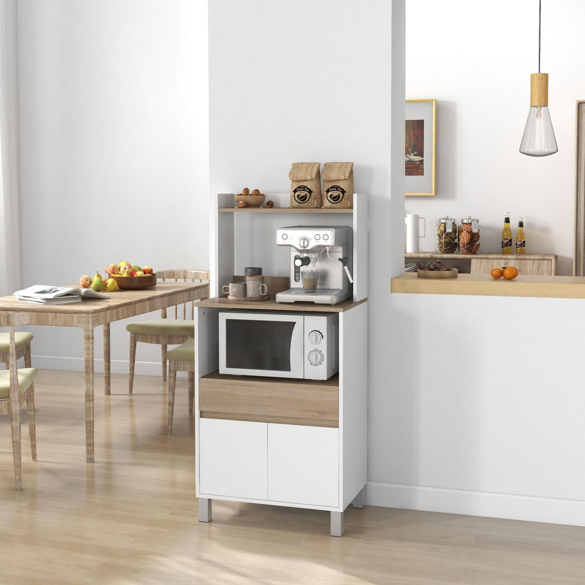 HOMCOM Meuble de rangement desserte de cuisine pour micro-ondes avec placard tiroir étagère supérieur 60 x 40 x 131 cm naturel et blanc