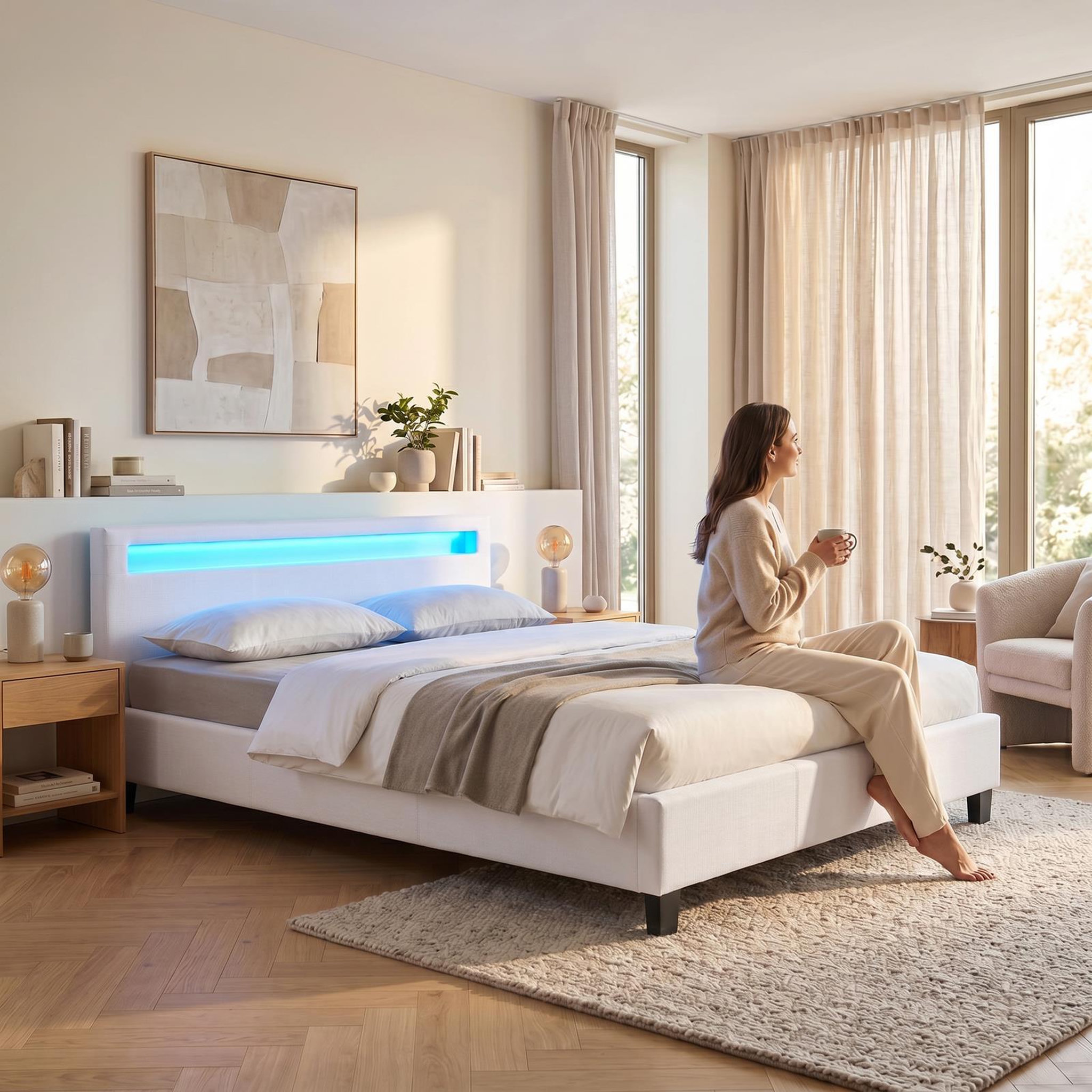 Voir la diapositive 2 : IDIMEX Lit LED double RIOJA 140x190 cm, avec sommier, revêtement tissu