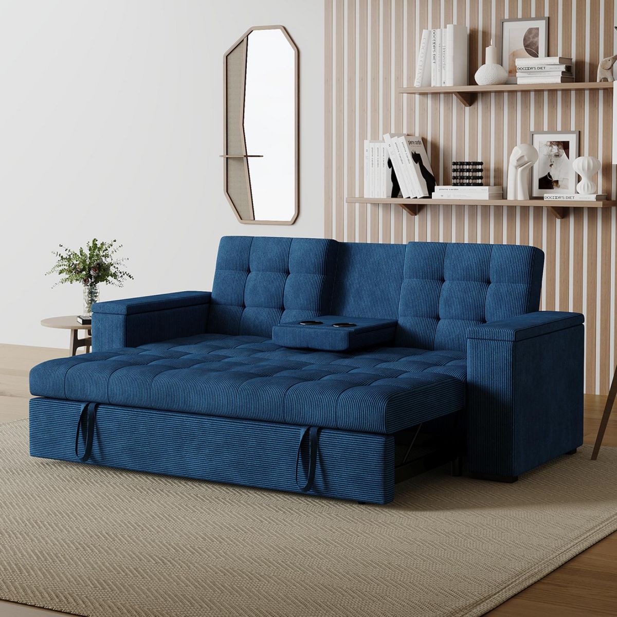 CONCEPT USINE Canapé 3 places convertibles bleu velours côtelé NOHO