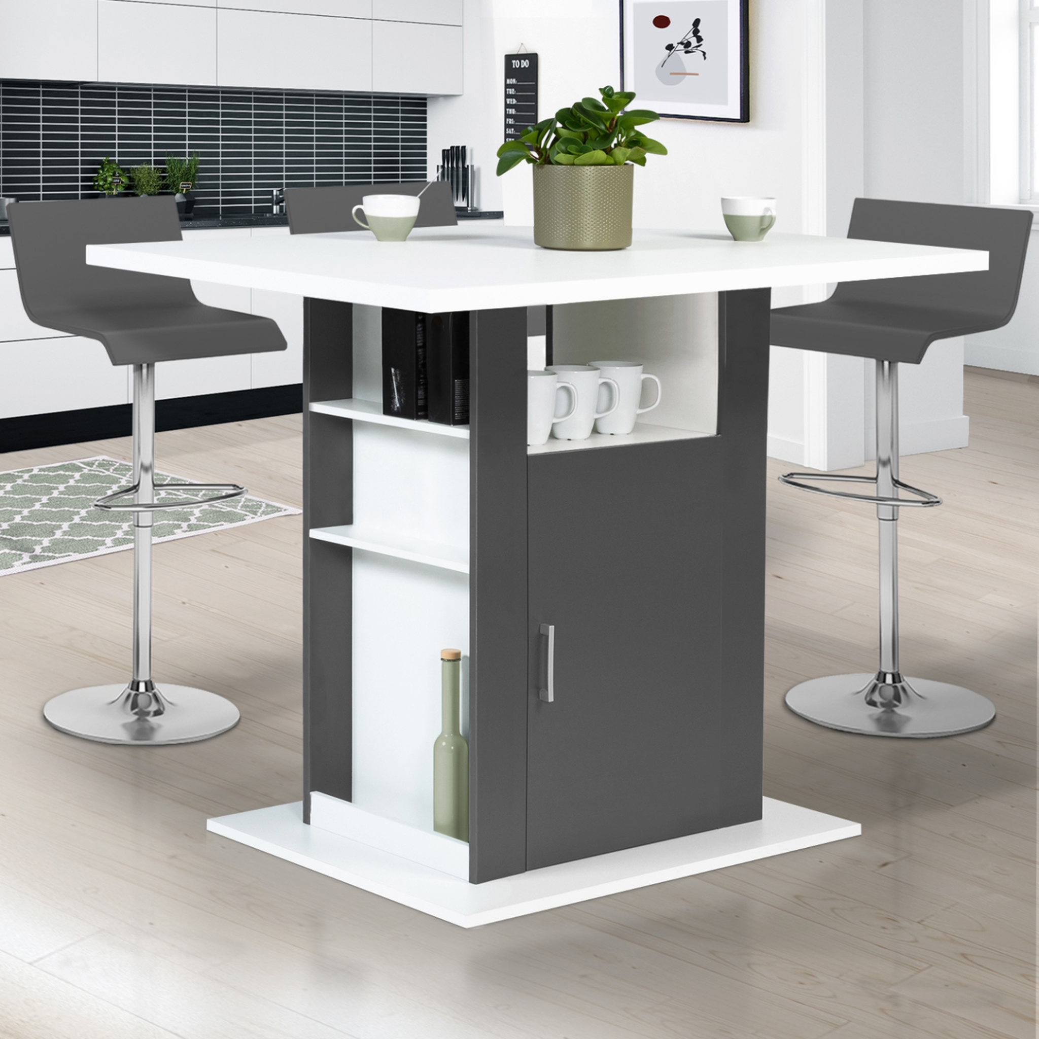 Voir la diapositive 2 : ID MARKET Ilot central ugo 110 cm bois blanc et gris avec rangements