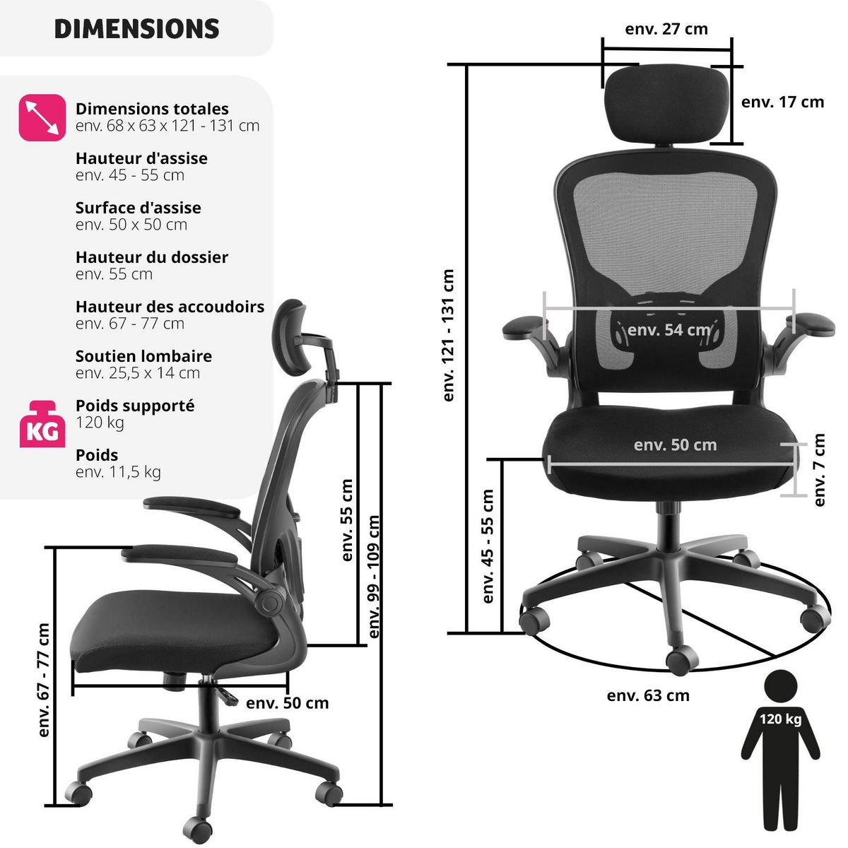 tectake Fauteuil de bureau forme ergonomique avec soutien lombaire et appuie-tête réglables noir