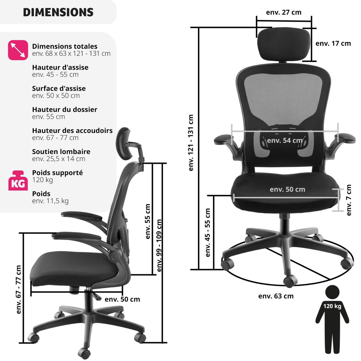 tectake Fauteuil de bureau forme ergonomique avec soutien lombaire et appuie-tête réglables noir