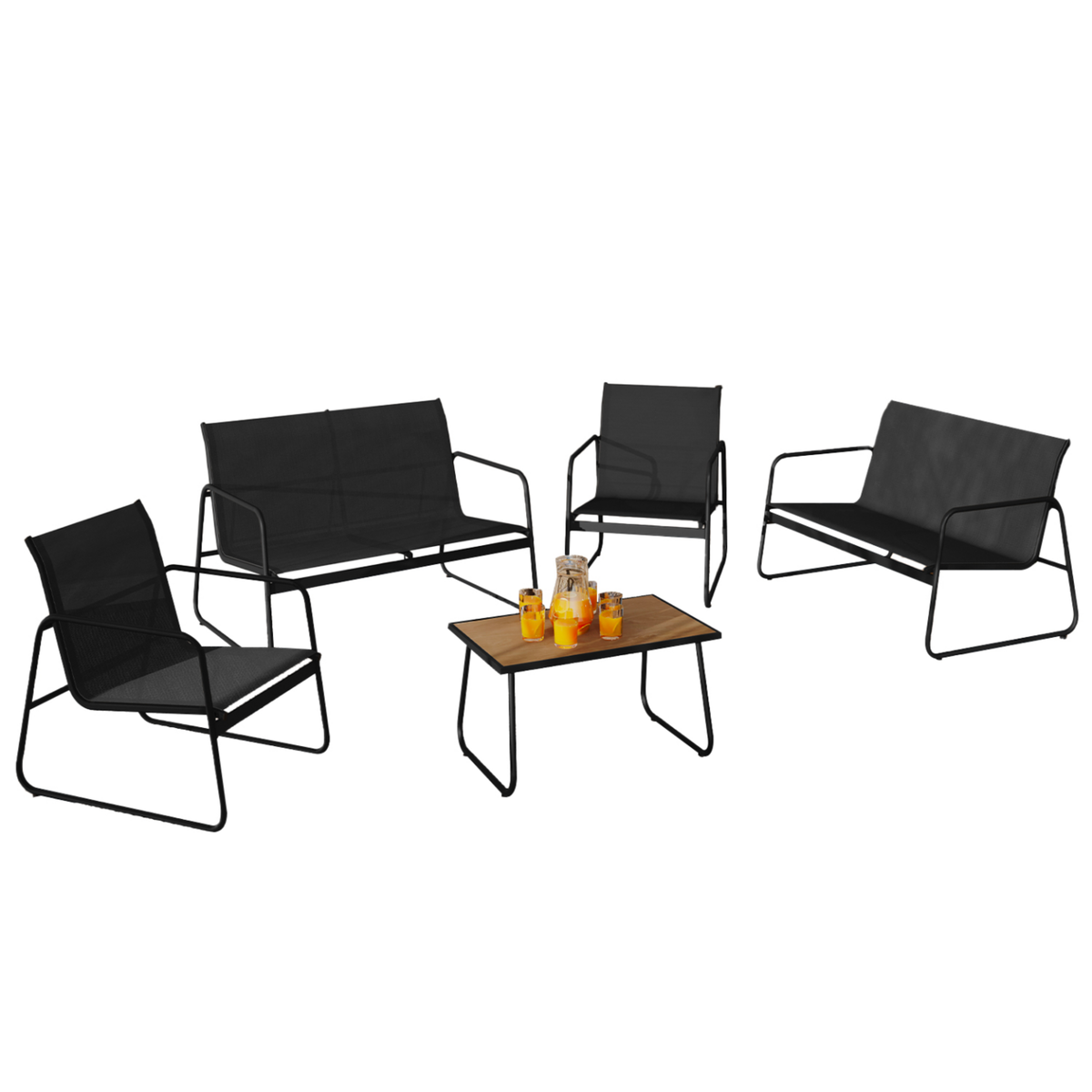 ID MARKET Salon de jardin bas MALAGA 6 places avec canapé, fauteuils et table noir et bois