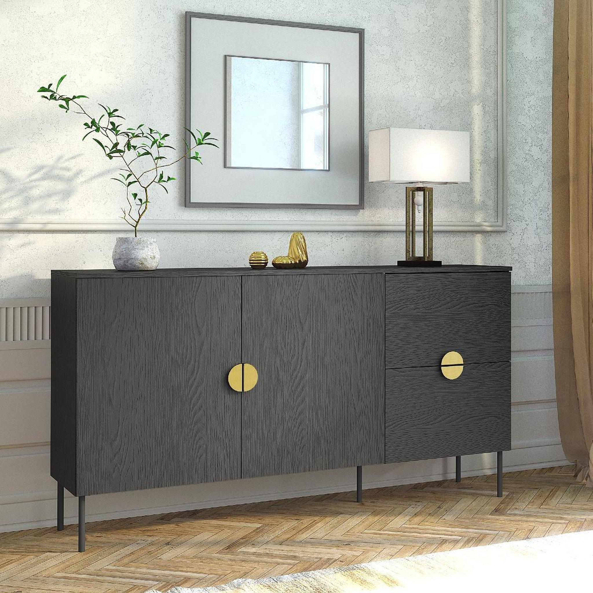 Voir la diapositive 2 : JLC KREATION Buffet bas noir et or 160cm dimitri
