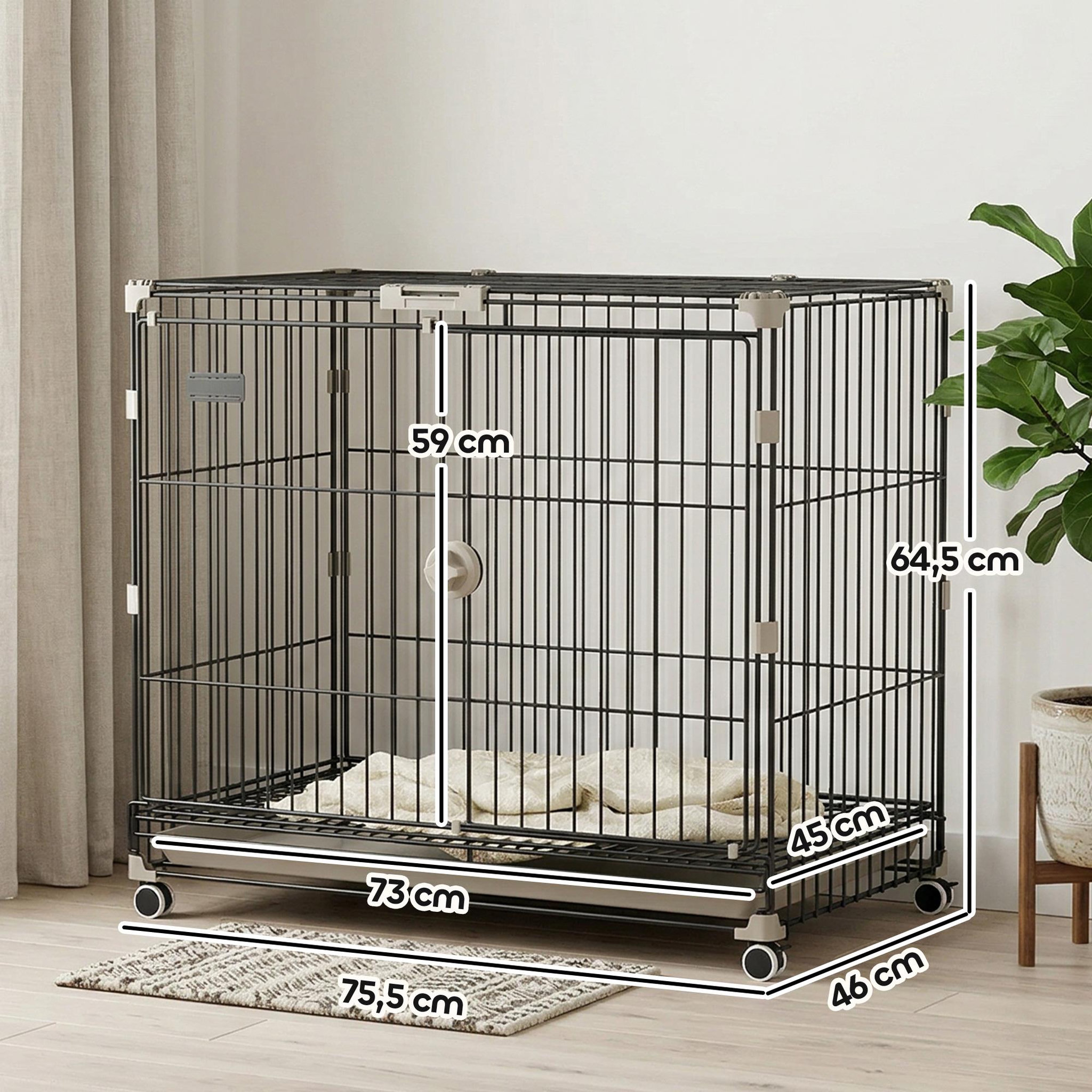 Voir la diapositive 3 : PAWHUT Cage pour chien pliable, plateau amovible, roues avec freins, toit ouvrant verrouillable, porte de nourrissage, niche chien interieur pour petits et moyens chiens, 75,5x46x64,5cm, noir