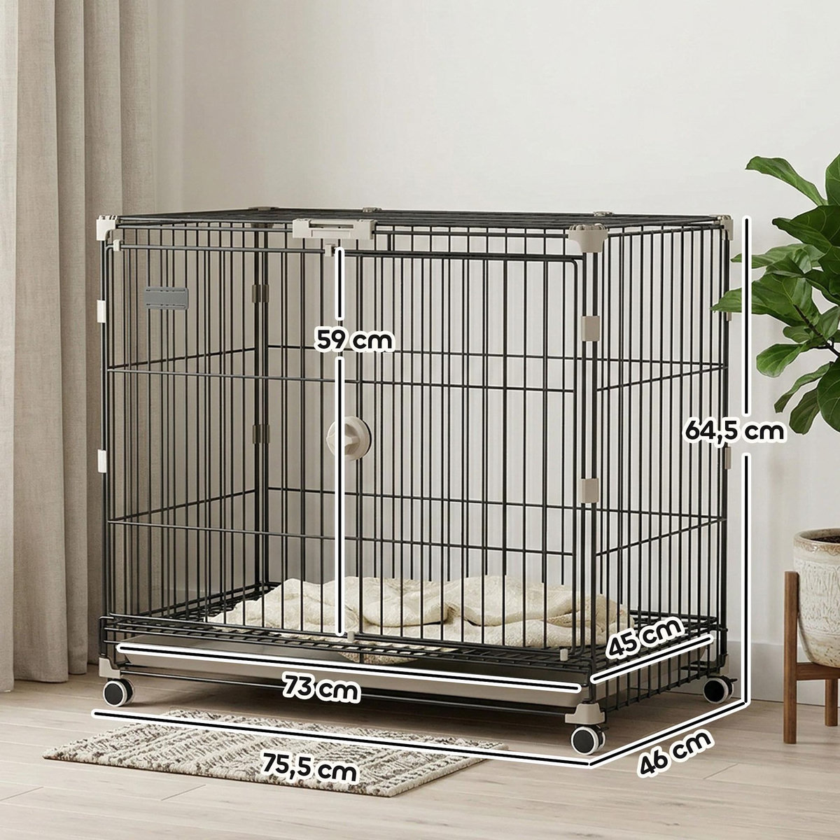 PAWHUT Cage pour Chien Pliable, Plateau Amovible, Roues avec Freins, Toit Ouvrant Verrouillable, Porte de Nourrissage, Niche Chien Interieur pour Petits et Moyens Chiens, 75,5x46x64,5cm, Noir