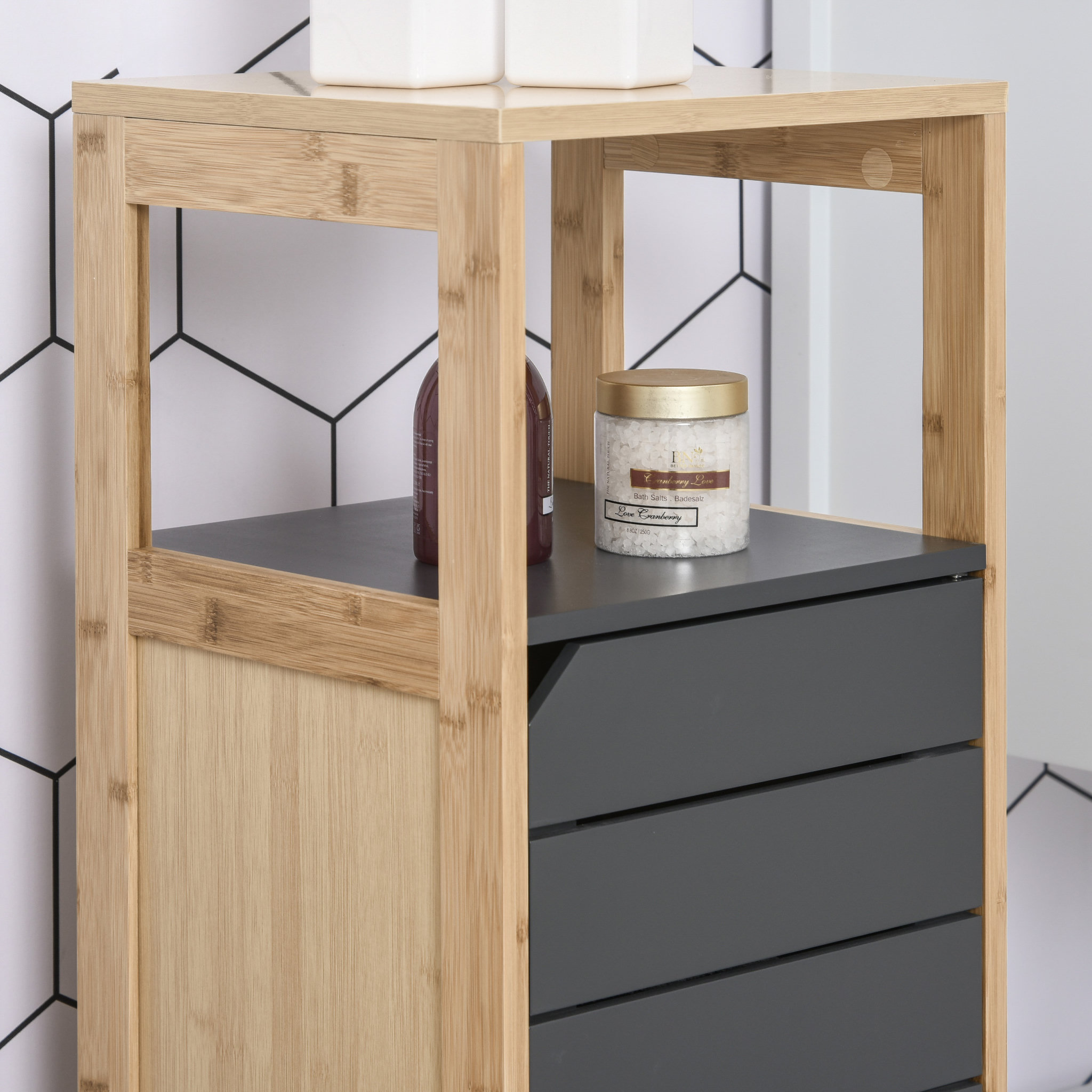 Voir la diapositive 5 : HOMCOM Meuble colonne rangement salle de bain style cosy dim. 32L x 30l x 80H cm porte étagères niche bambou gris
