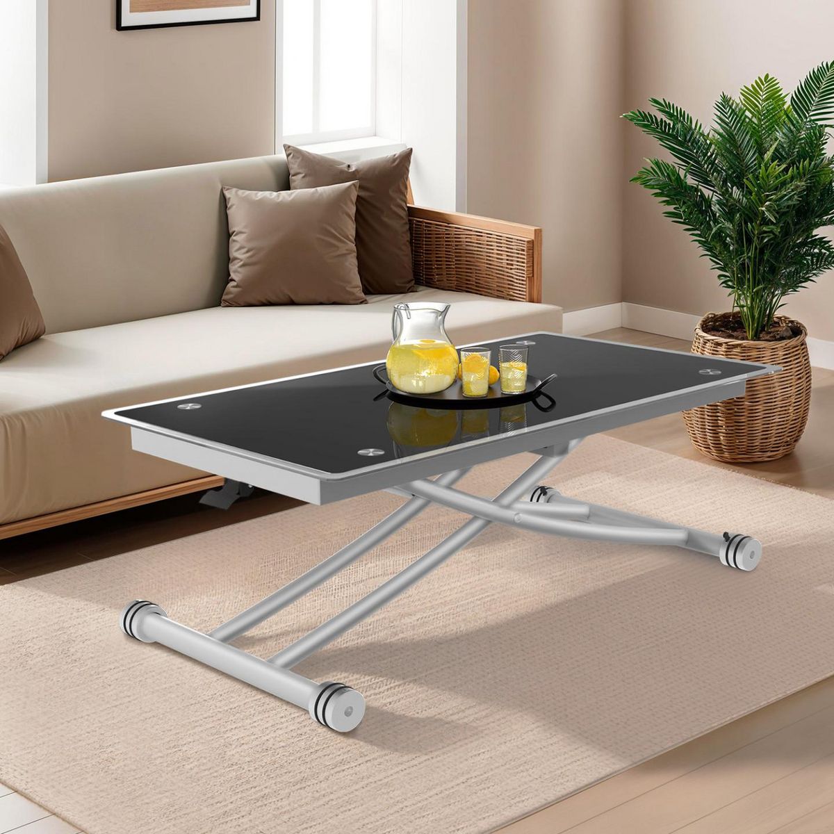 ID MARKET Table basse fixe relevable en table à manger rectangulaire URBANA plateau verre trempé pied chrome