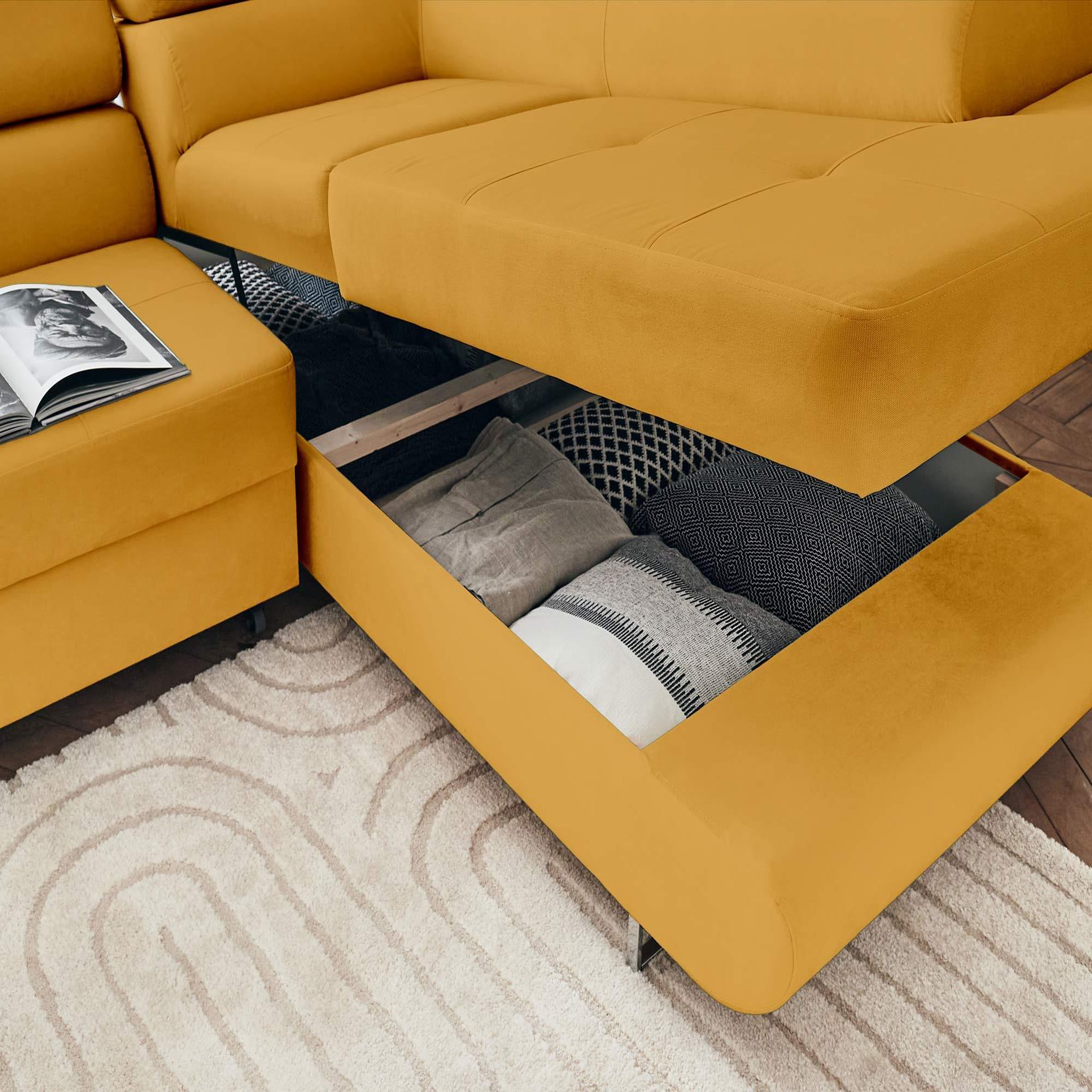 Voir la diapositive 3 : BEST MOBILIER Pablo - canapé d'angle droit - 5 places - convertible avec coffre et têtières réglables - en velours