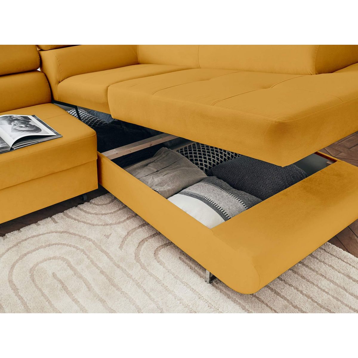 BEST MOBILIER Pablo - canapé d'angle droit - 5 places - convertible avec coffre et têtières réglables - en velours