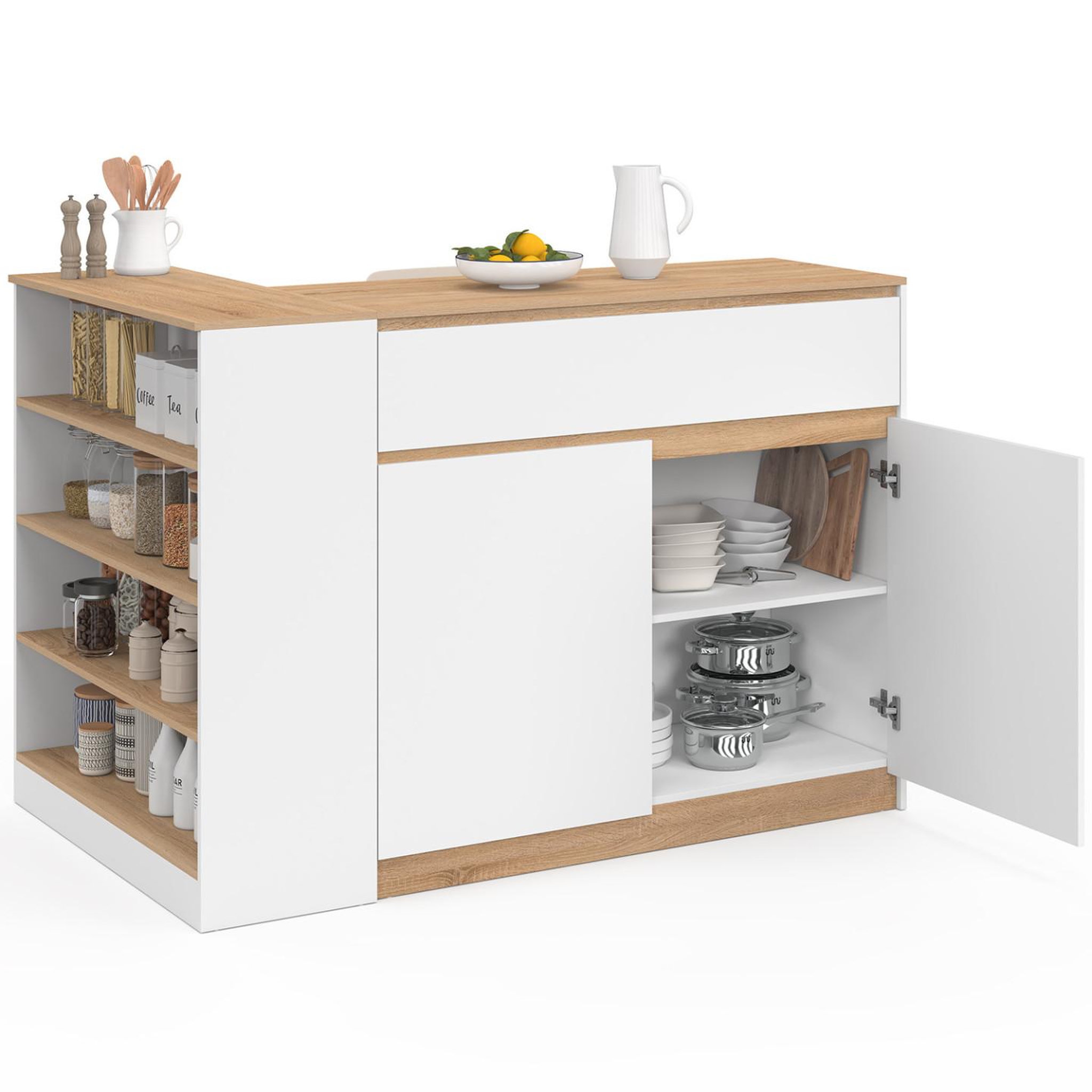 ID MARKET Ilot central tomi 130 cm 2 personnes double plateau bois blanc avec plan de travail façon hêtre