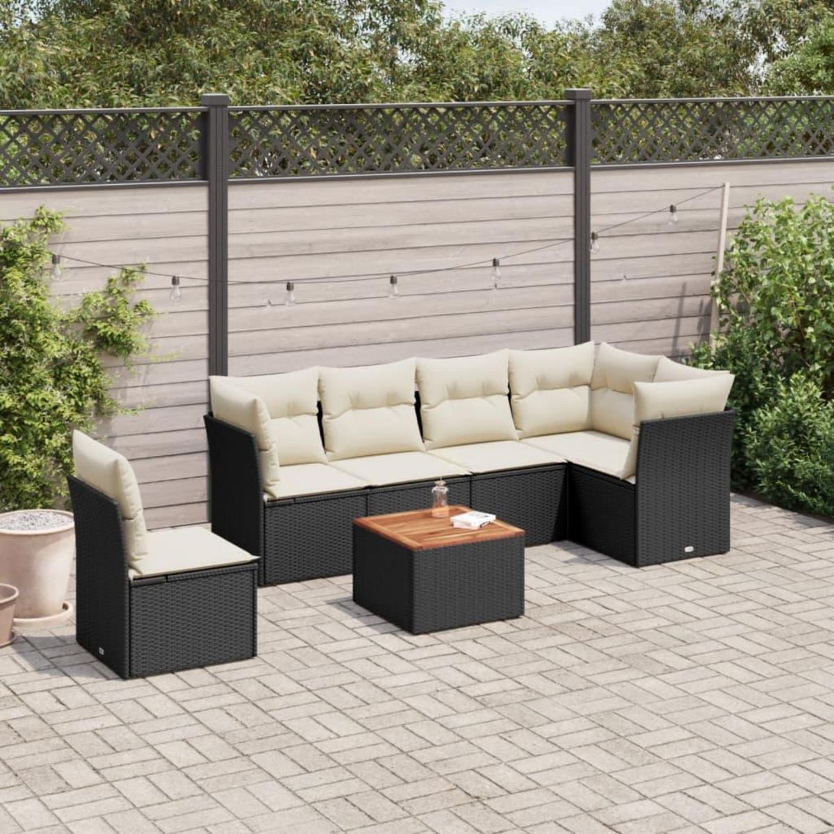 VIDAXL Salon de jardin 7 pcs avec coussins noir resine tressee