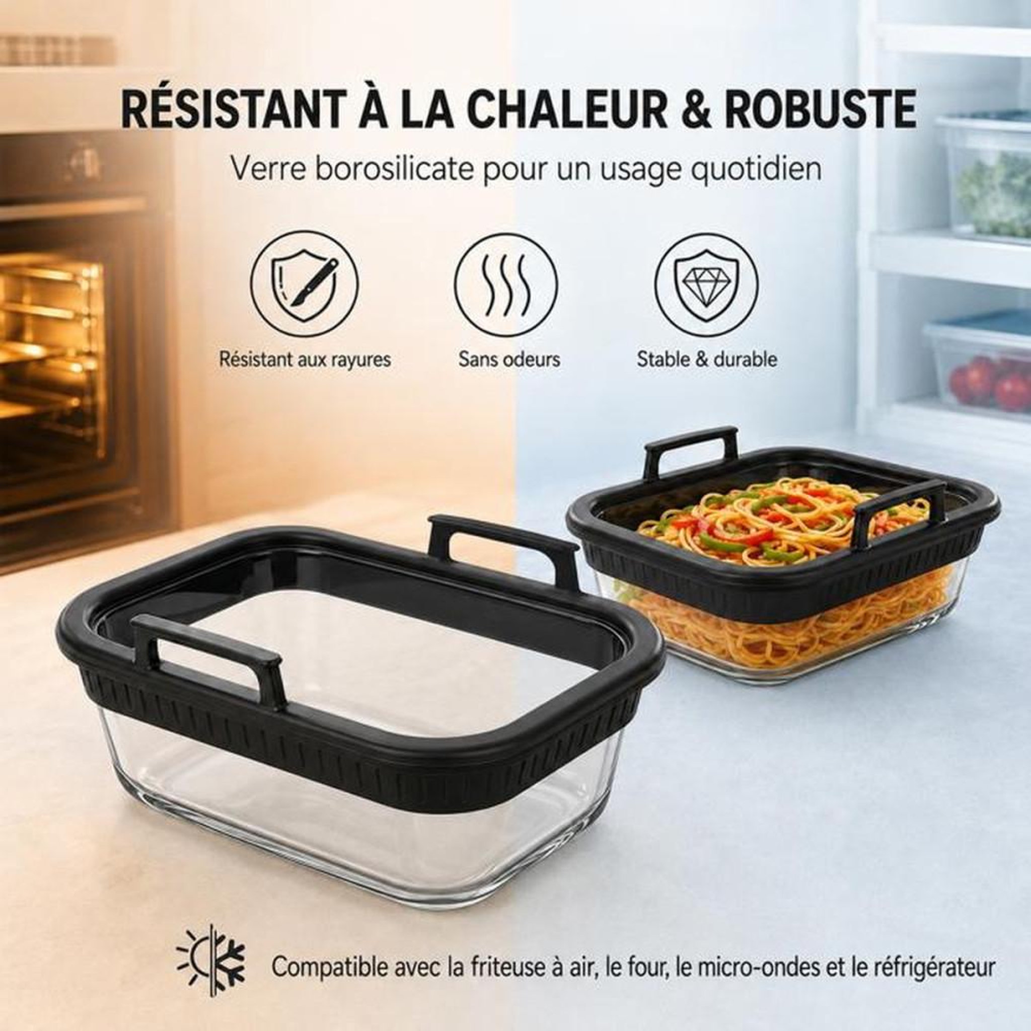 Voir la diapositive 4 : Lot de 2 plats de cuisson en verre résistant à la chaleur pour friteuse à air double zone, poignées en silicone amovibles, coloris transparent et noir