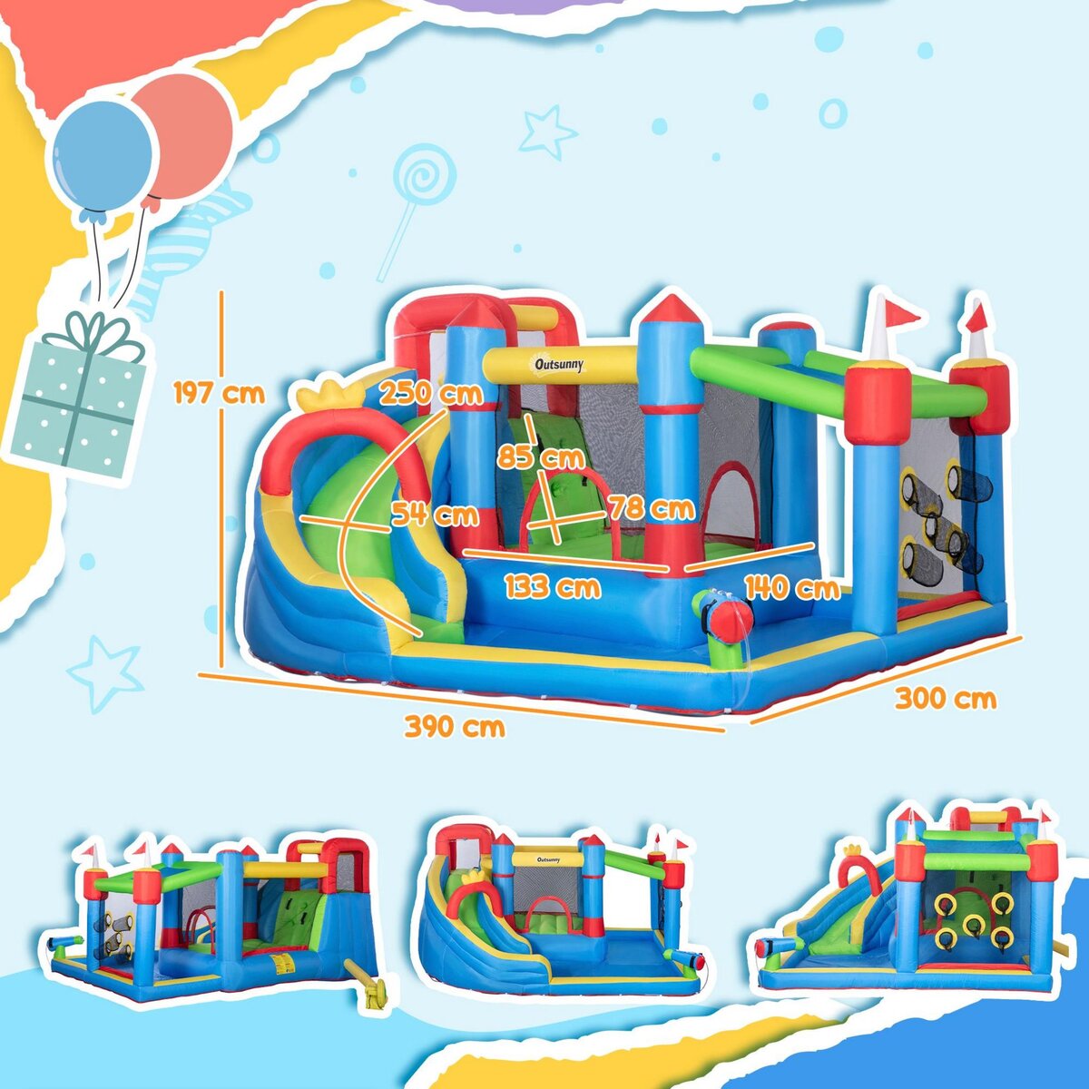 OUTSUNNY Château gonflable structure gonflable aire de jeux 3-8 ans avec gonfleur et sac de transport 390 x 300 x 197 cm - multicolore