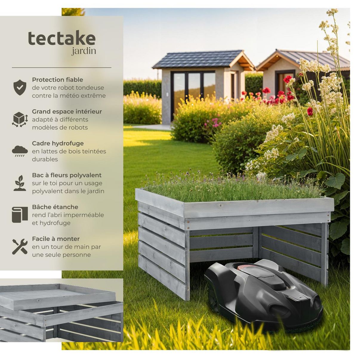 tectake Garage pour robot tondeuse en lattes de pin teintées résistantes aux intempéries gris
