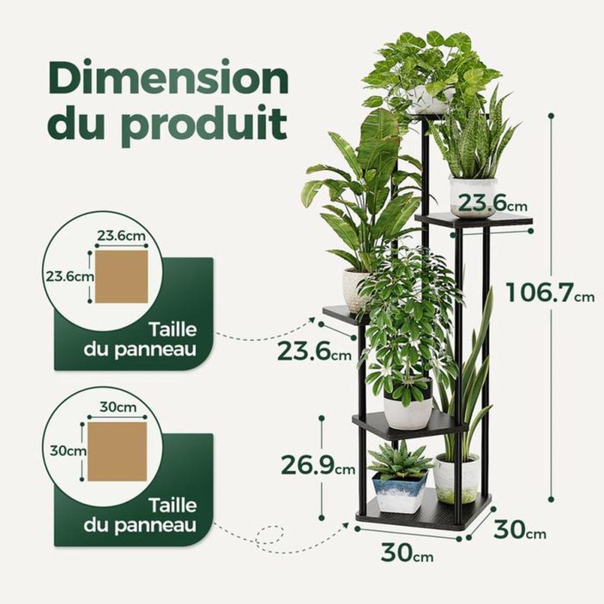 Voir la diapositive 5 : Porte-plantes 5 niveaux en métal et bois noir, pour jusqu'à 5 pots, 47 x 47 x 106,7 cm
