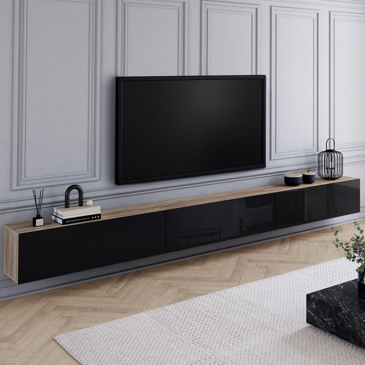 ID MARKET Meuble TV 300 cm suspendu ELIO 3 portes bois et noir