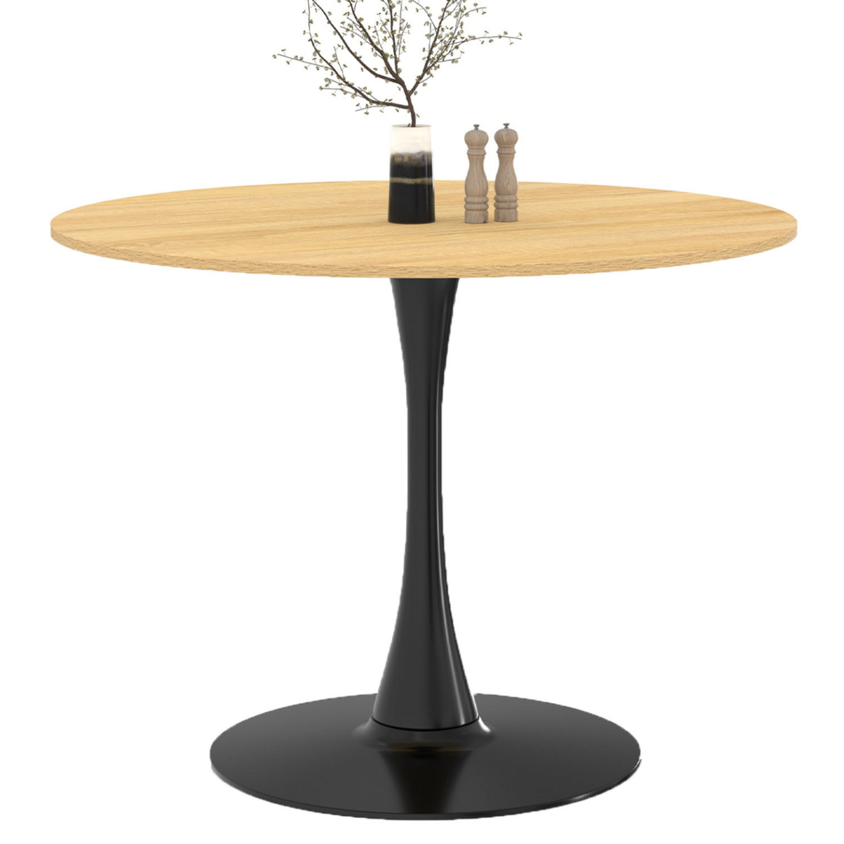 ID MARKET Table à manger ronde DALIA 4 personnes pieds tulipe bois et noir 100 cm