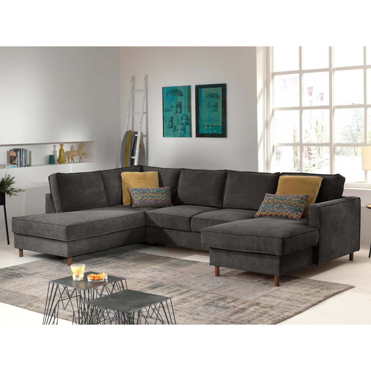 LISA DESIGN Jake - canapé panoramique d'angle gauche - convertible avec coffre - 7 places - en velours côtelé