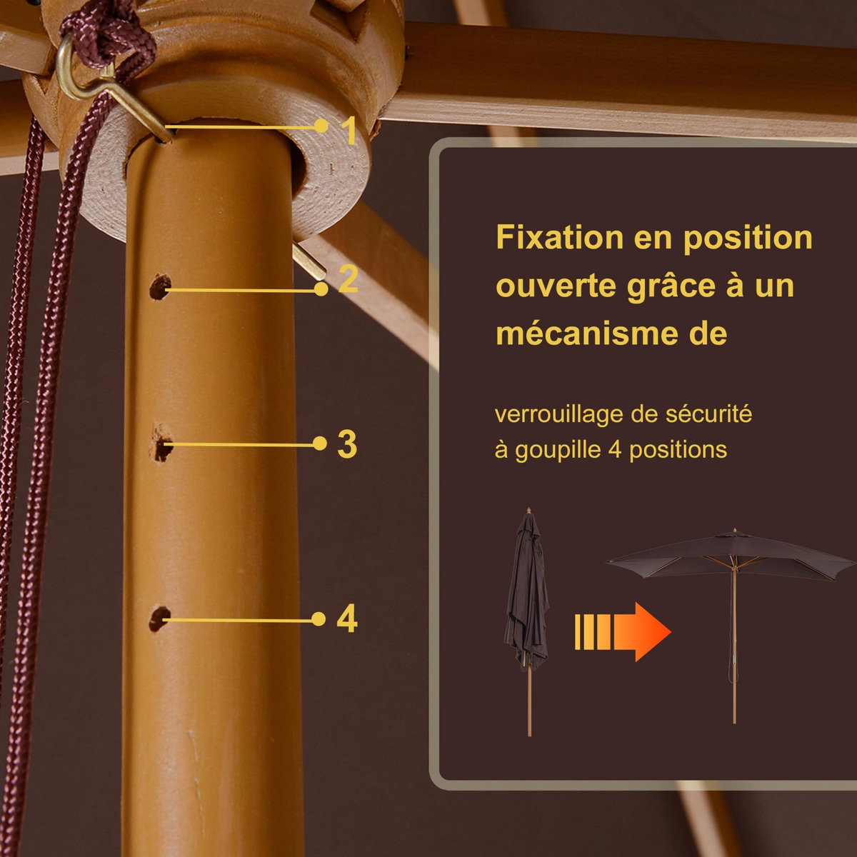 OUTSUNNY Parasol droit hexagonal bois polyester haute densité 2,95 x 2 x 2,55 m chocolat