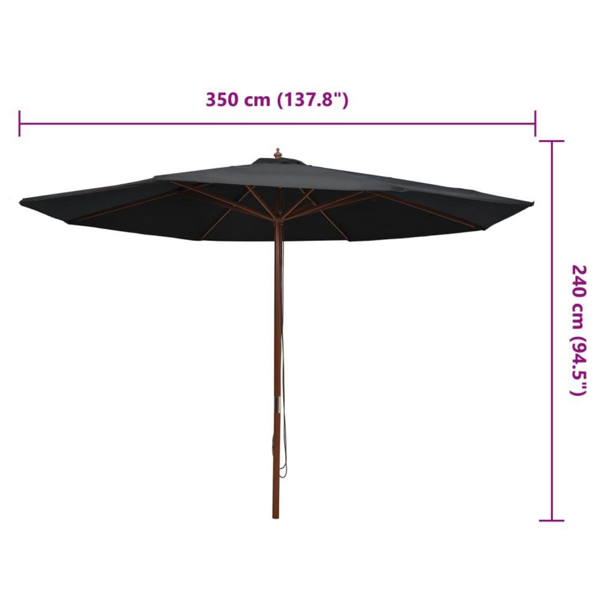 VIDAXL Parasol d'exterieur avec mat en bois 350 cm Noir