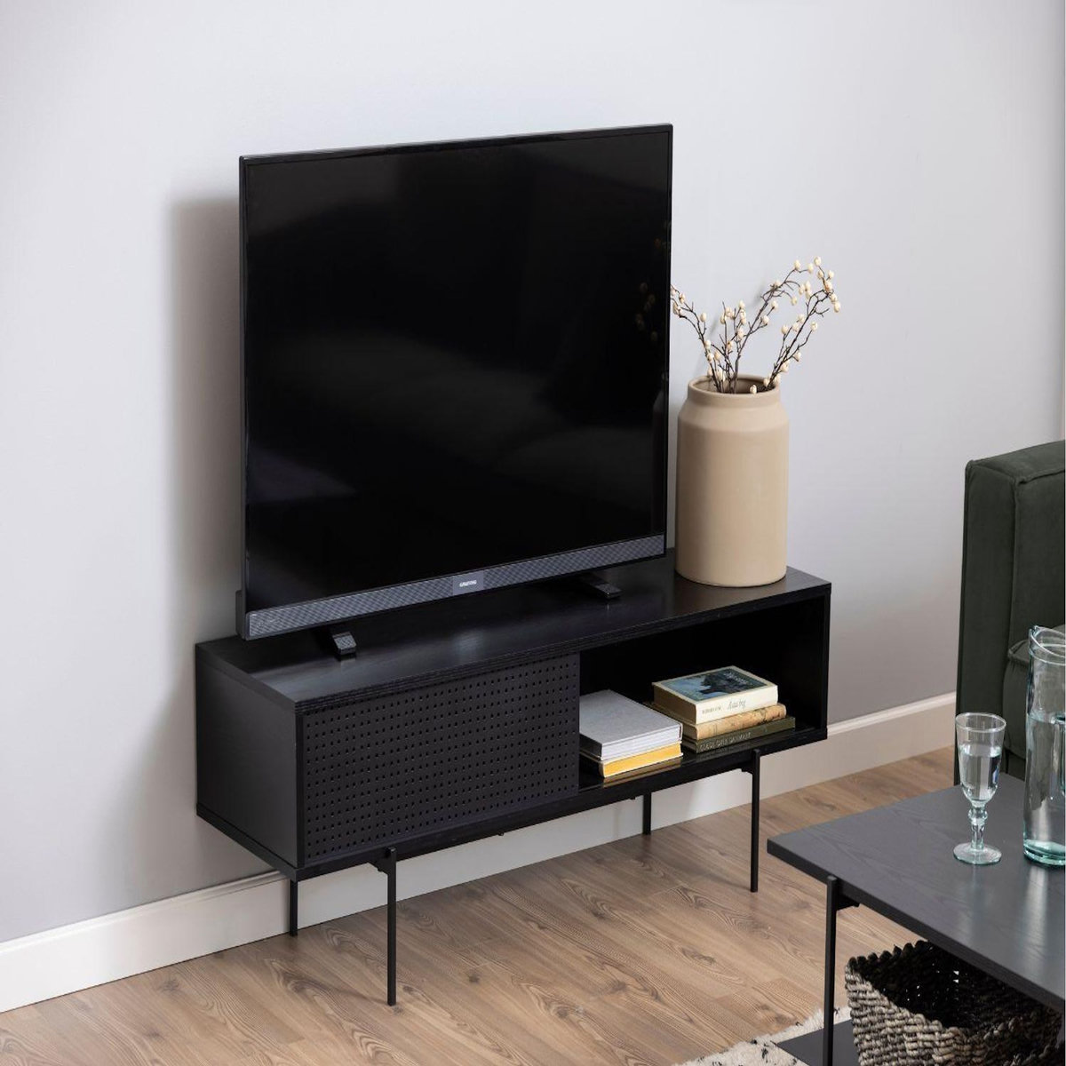 CONCEPT USINE Meuble TV noir avec porte coulissante et 1 niche JUPITER