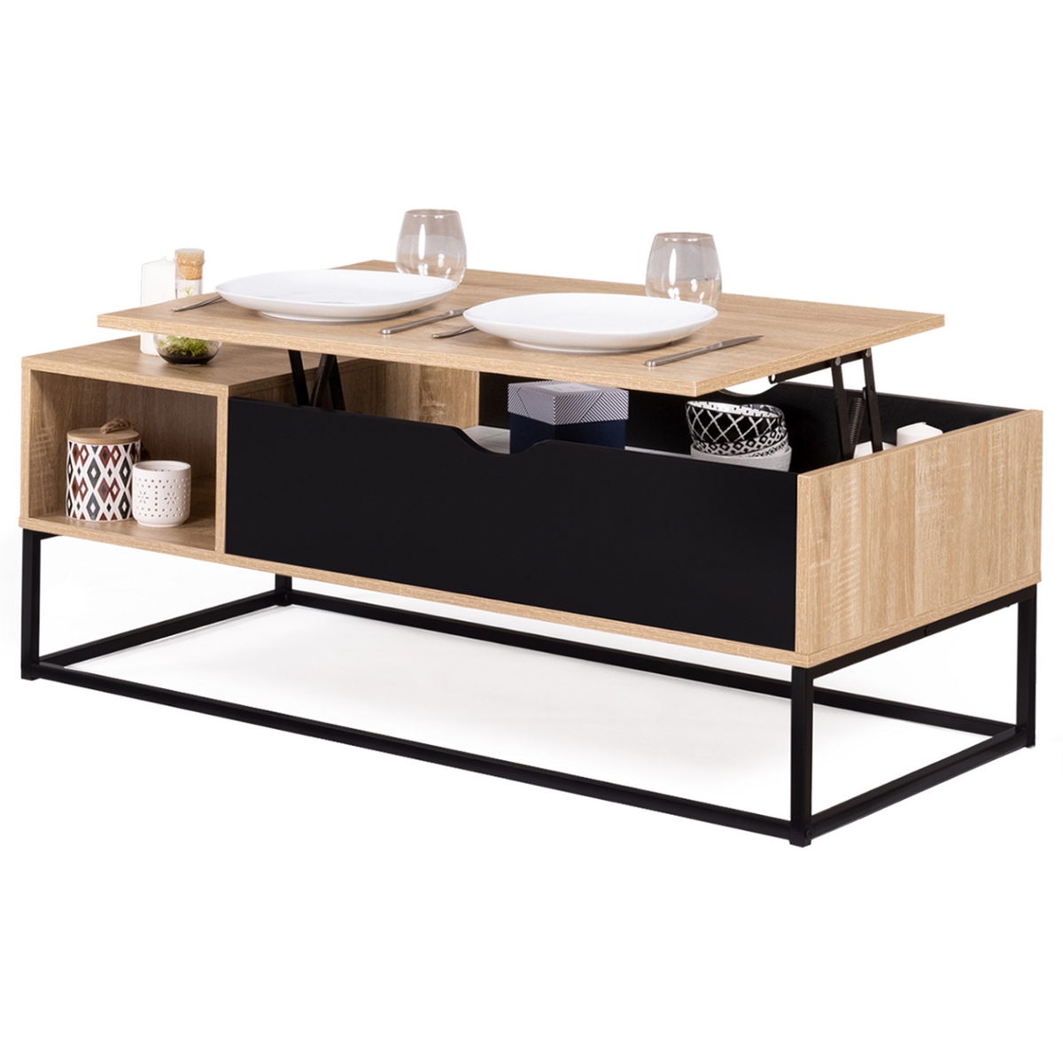 ID MARKET Table basse plateau relevable BOSTON avec rangements design industriel