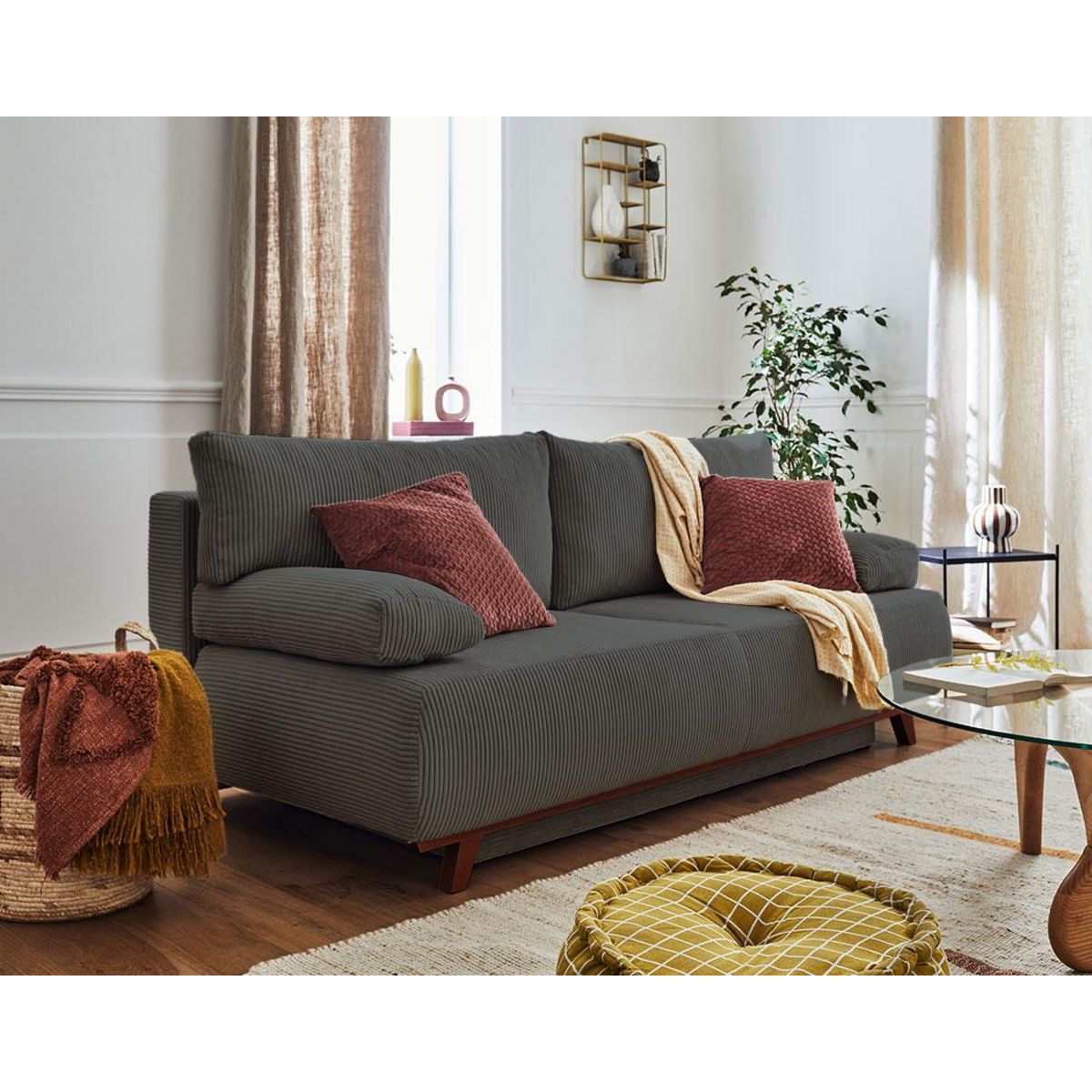 BEST MOBILIER Cristal - canapé 3 places - convertible avec coffre - en velours côtelé