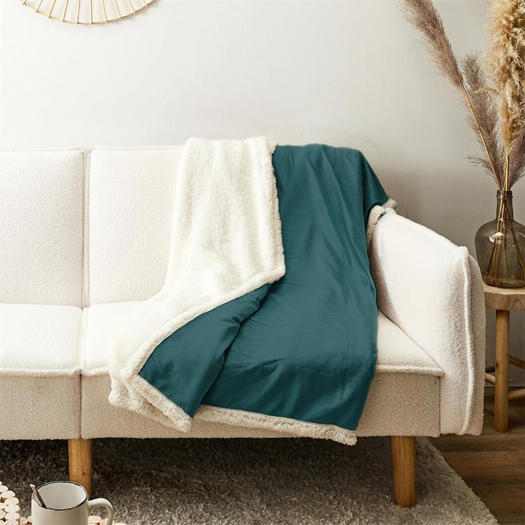 Voir la diapositive 2 : The Home Deco Factory Plaid microfibre  intérieur sherpa  120x150cm bleu canard