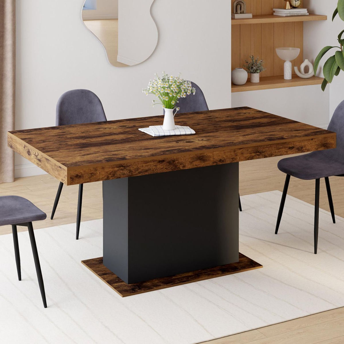 ID MARKET Table à manger extensible rectangle EDEN 6-10 personnes bois effet vieilli et noir 160-200 cm
