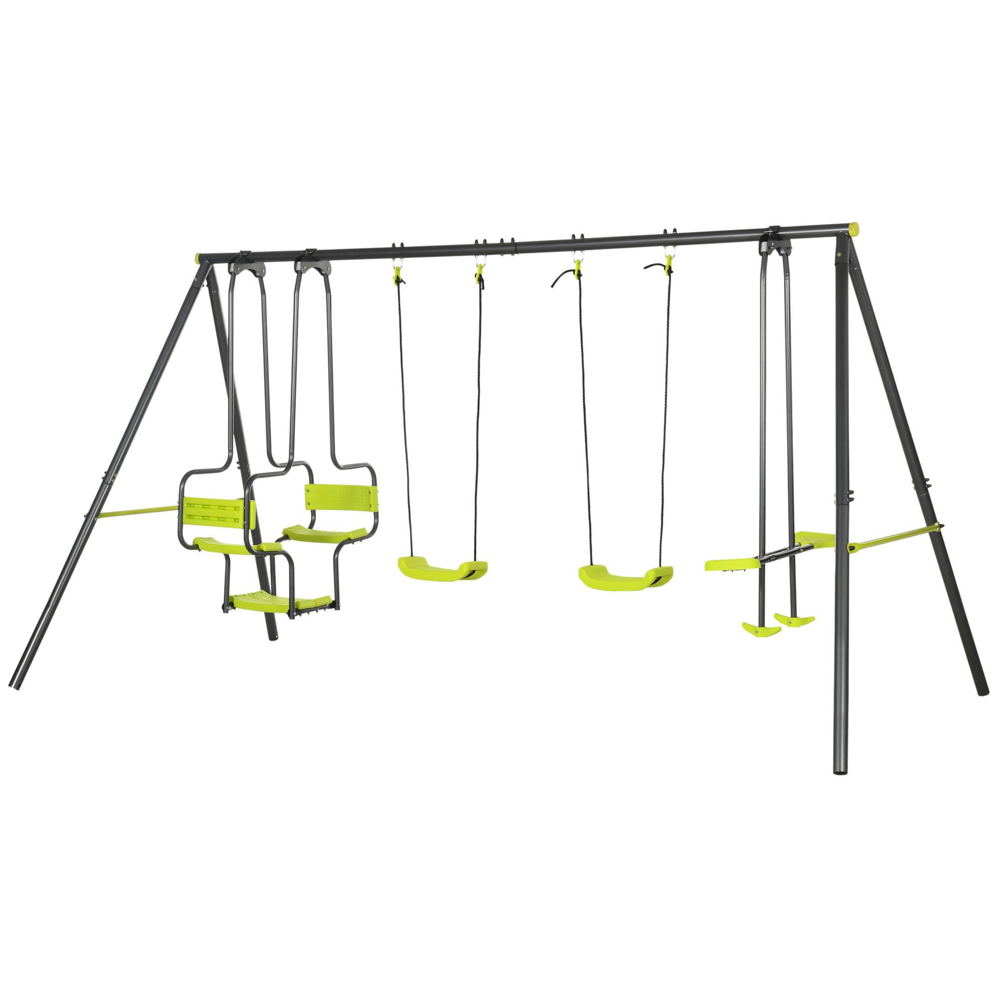 Voir la diapositive 1 : OUTSUNNY Balançoire 4 agrès portique avec 2 balançoires et 2 face à face dim. 3,55L x 1,84l x 1,86H m acier époxy gris PE vert