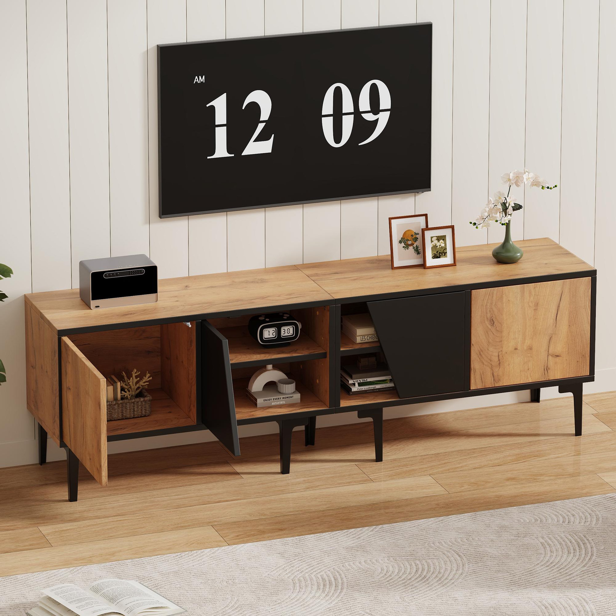 Voir la diapositive 5 : MERAX Meuble tv naturel+noir 160 cm panneau de particules