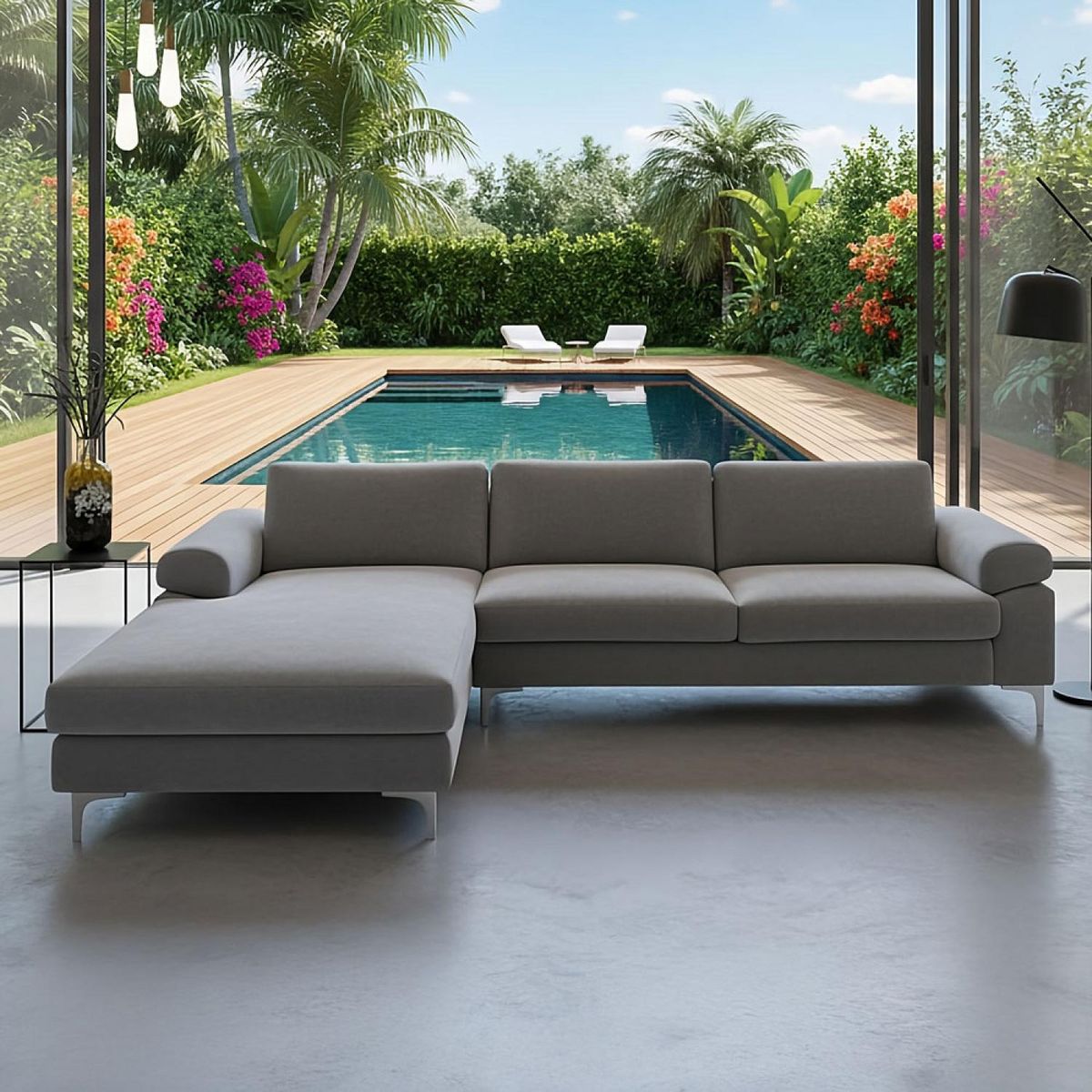 CONCEPT USINE Canapé d'angle gauche 4-5 places en velours gris GALWAY