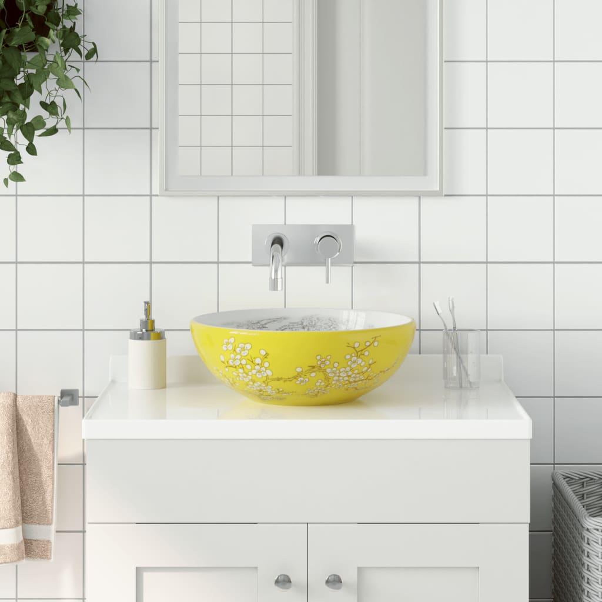 VIDAXL Vasque a poser blanc et jaune rond Φ41x14 cm ceramique