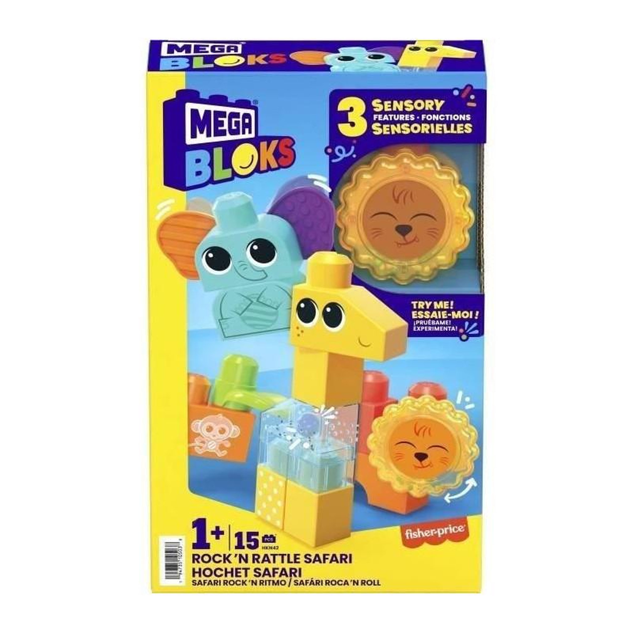 Voir la diapositive 2 : MEGA BLOKS Jeu de construction SAFARI DES SENS MEGABLOKS - Girafe clochette, lion billes et éléphant oreille souple