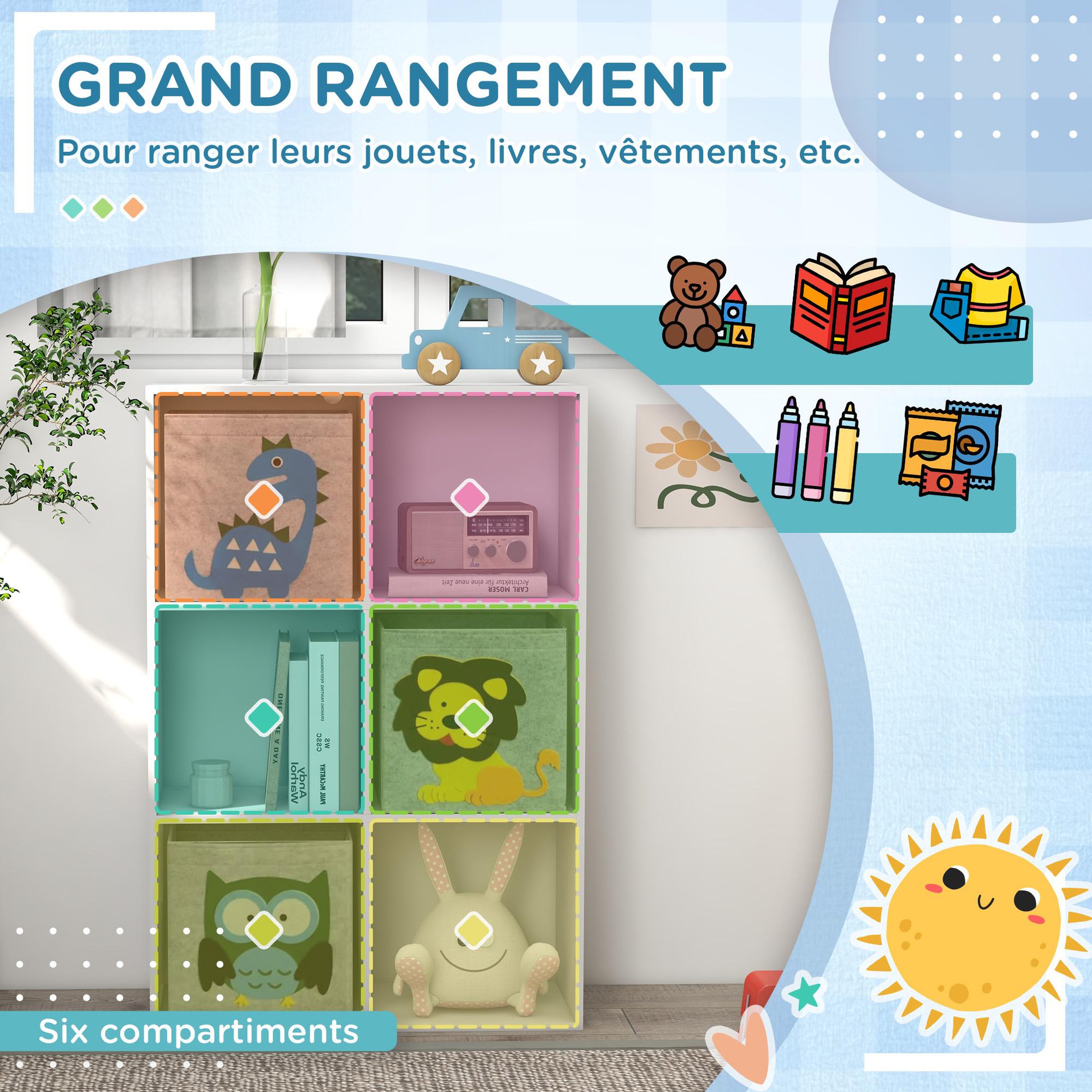 Voir la diapositive 6 : HOMCOM Meuble de rangement jouets enfant étagère de jouet pour chambre d'enfant 6 casiers 3 tiroirs non tissé MDF blanc