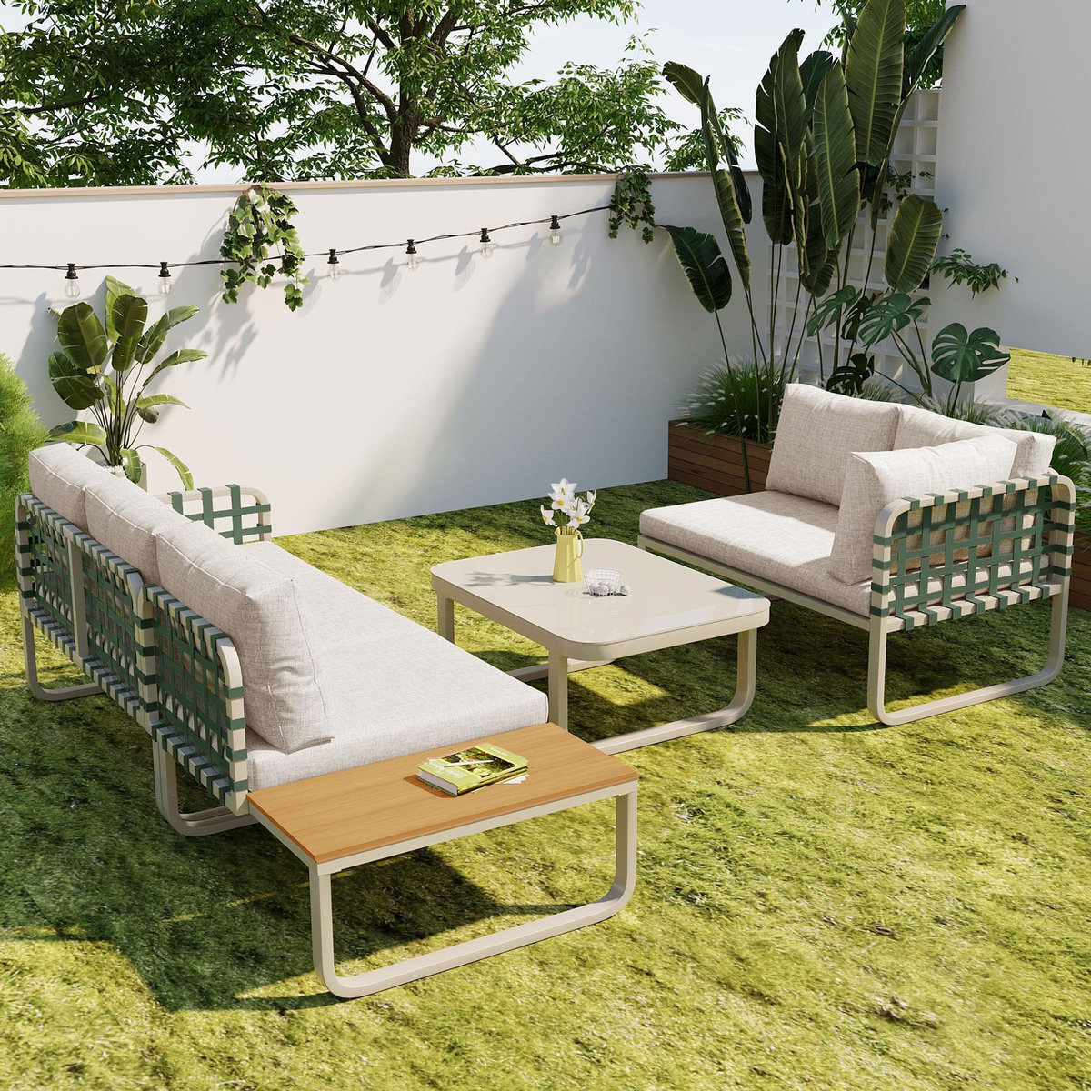 MERAX Salon de jardin 5 places en acier avec coussins assise, dossier, abricot