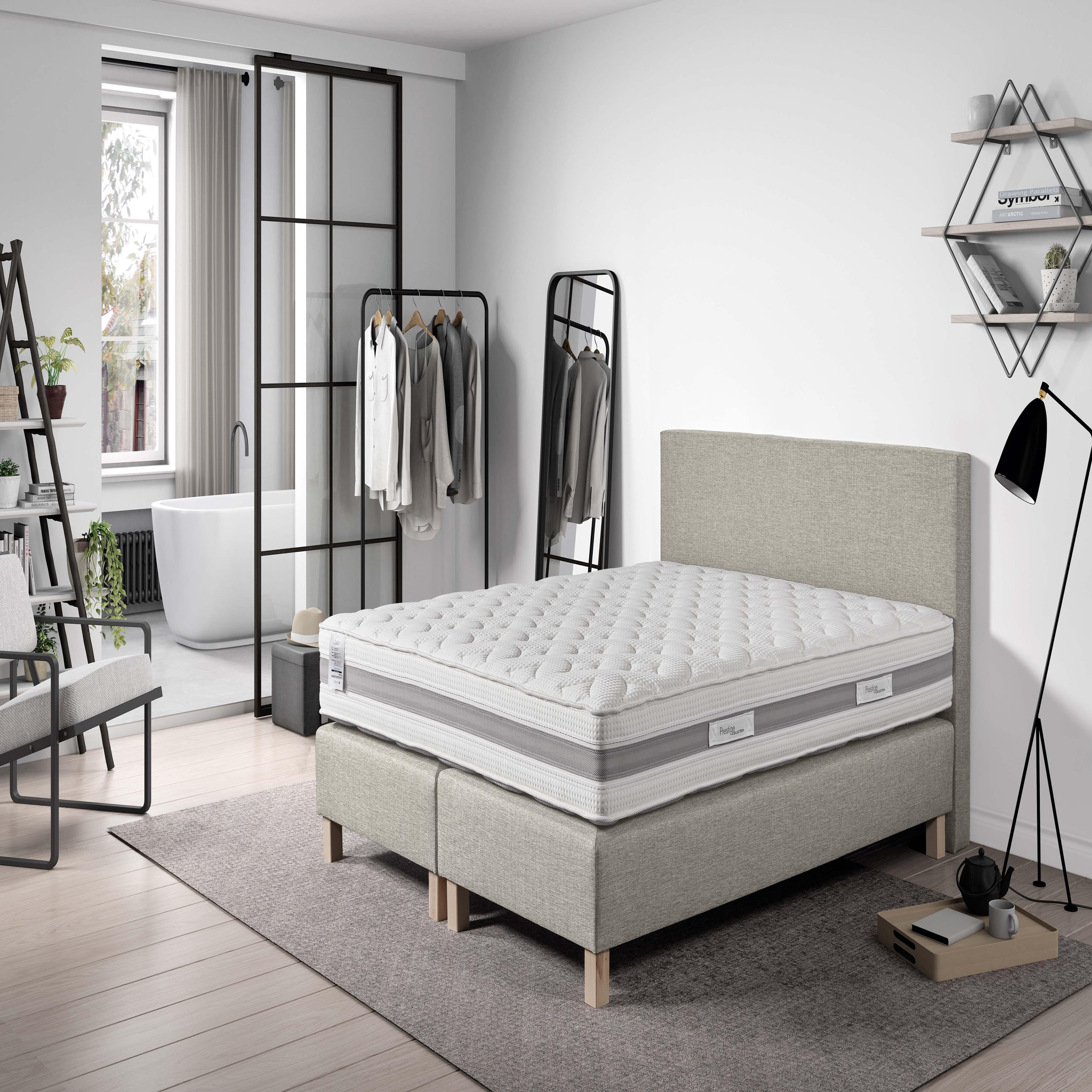Voir la diapositive 1 : PRESTIGE Collection Ensemble complet Boxspring matelas ressorts ensachés + sommiers + tête de lit + pieds 160x200 cm CONFORT HOTEL Beige