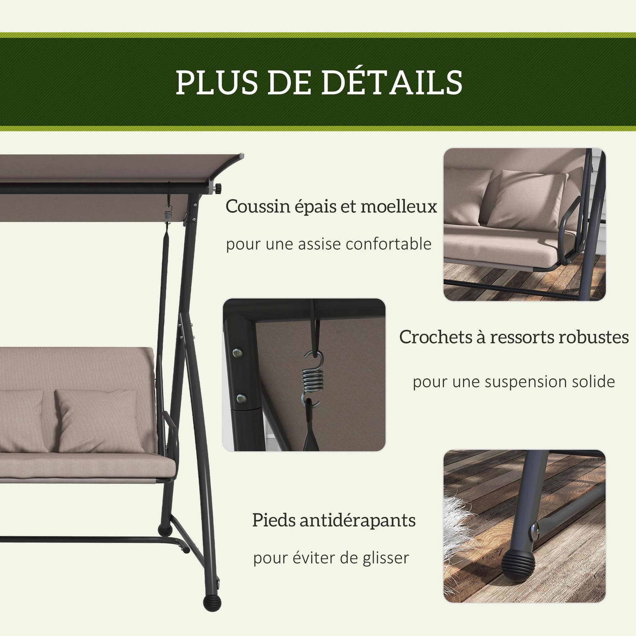 Voir la diapositive 6 : OUTSUNNY Balancelle de jardin 3 places convertible réglable - coussin assise dossier + 4 oreillers - dim. 218 x 120 x 168 cm - taupe