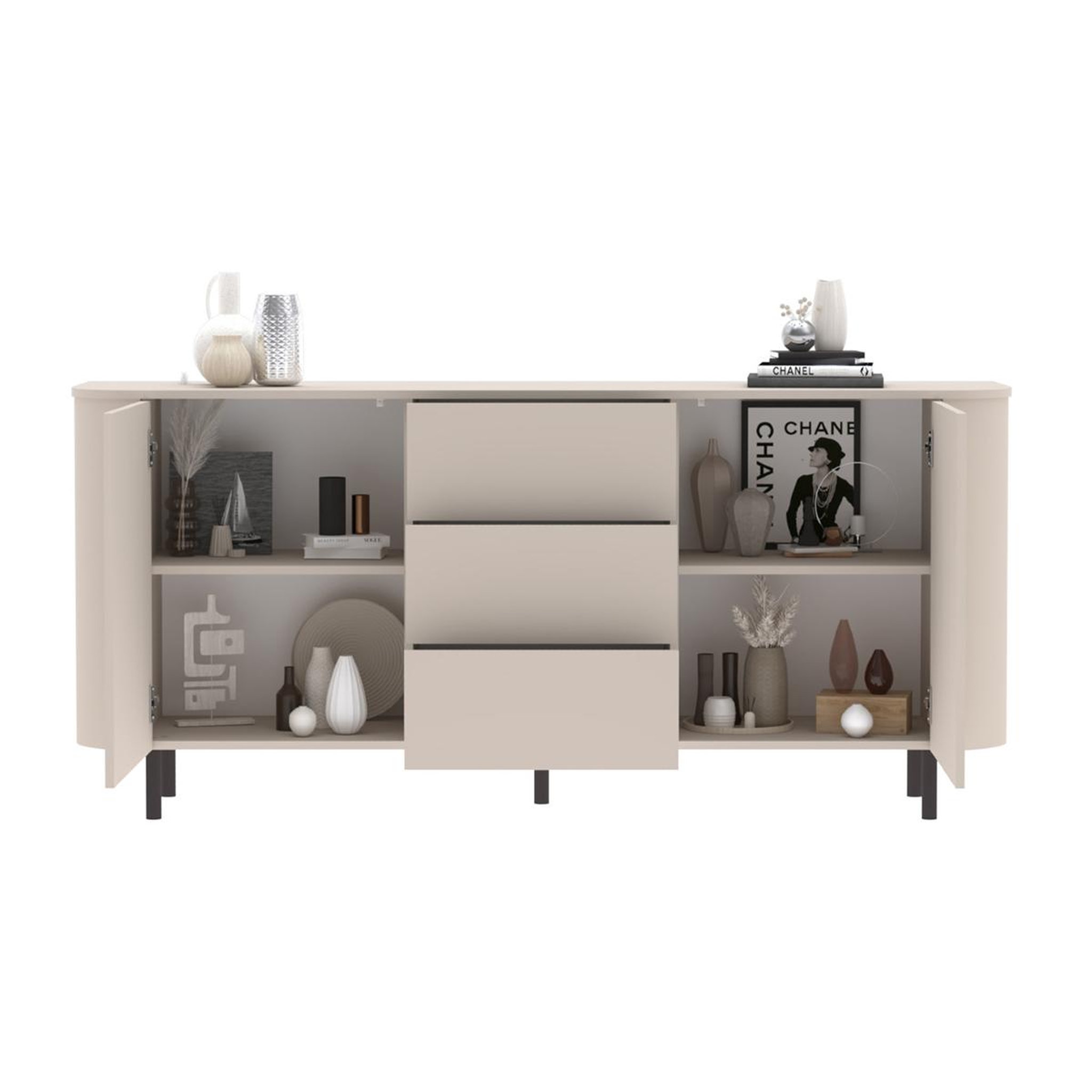 Voir la diapositive 6 : JLC KREATION Buffet moderne arrondi beige 2 portes-3 tiroirs 180cm olga
