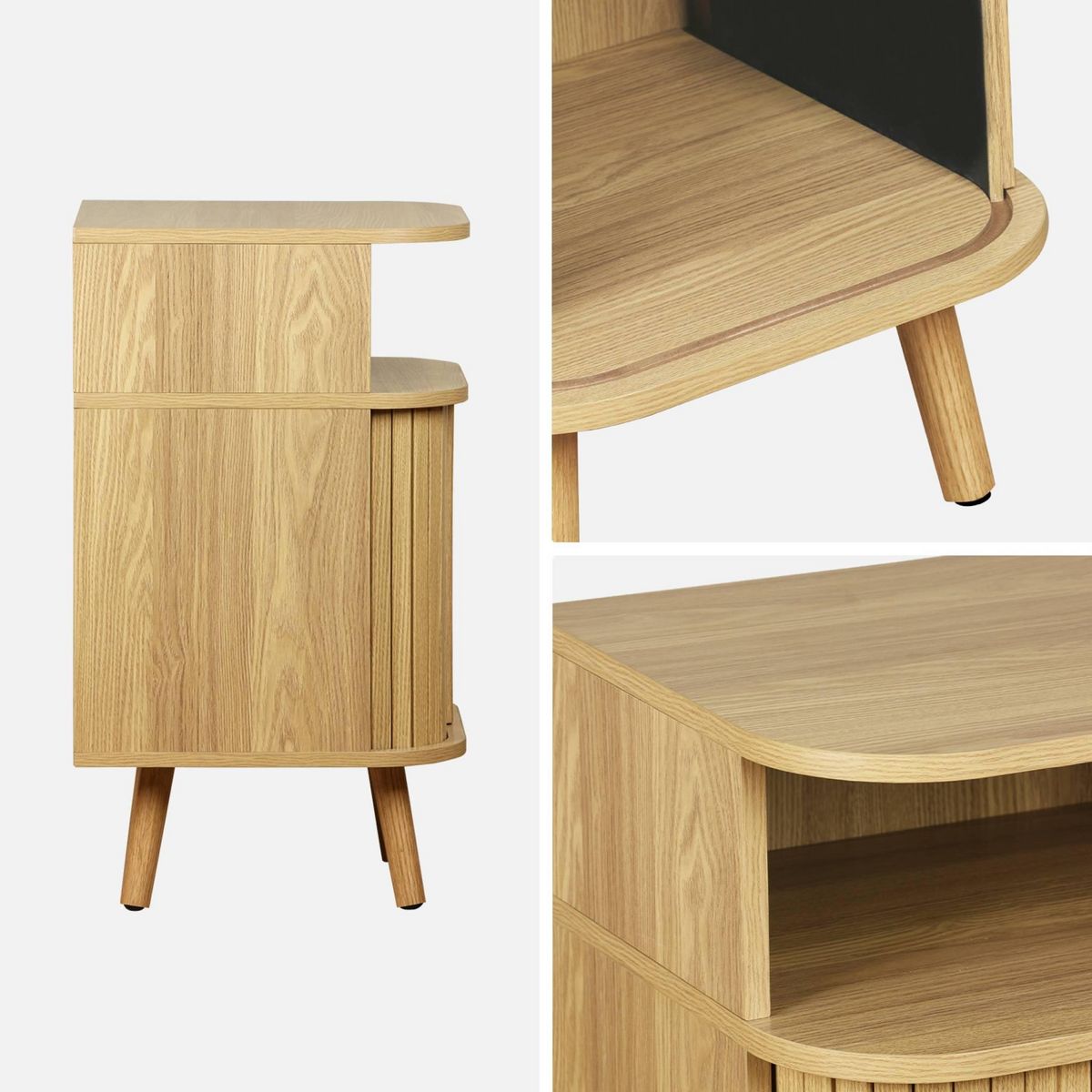 SWEEEK Table de chevet 2 portes coulissantes + 1 niche effet bois rainuré. L 40 x P 40 x H 70cm