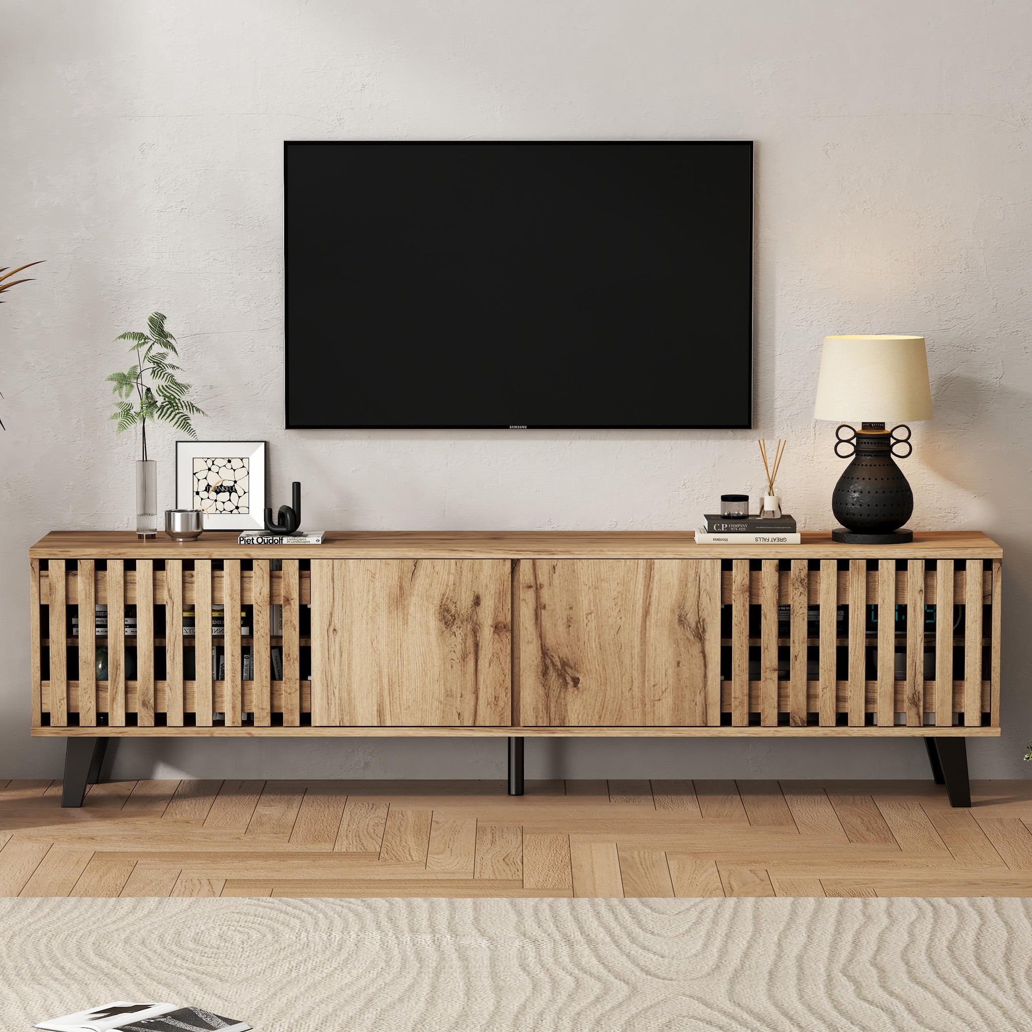 Voir la diapositive 2 : MERAX Meuble tv naturel 180cm panneaux de particules