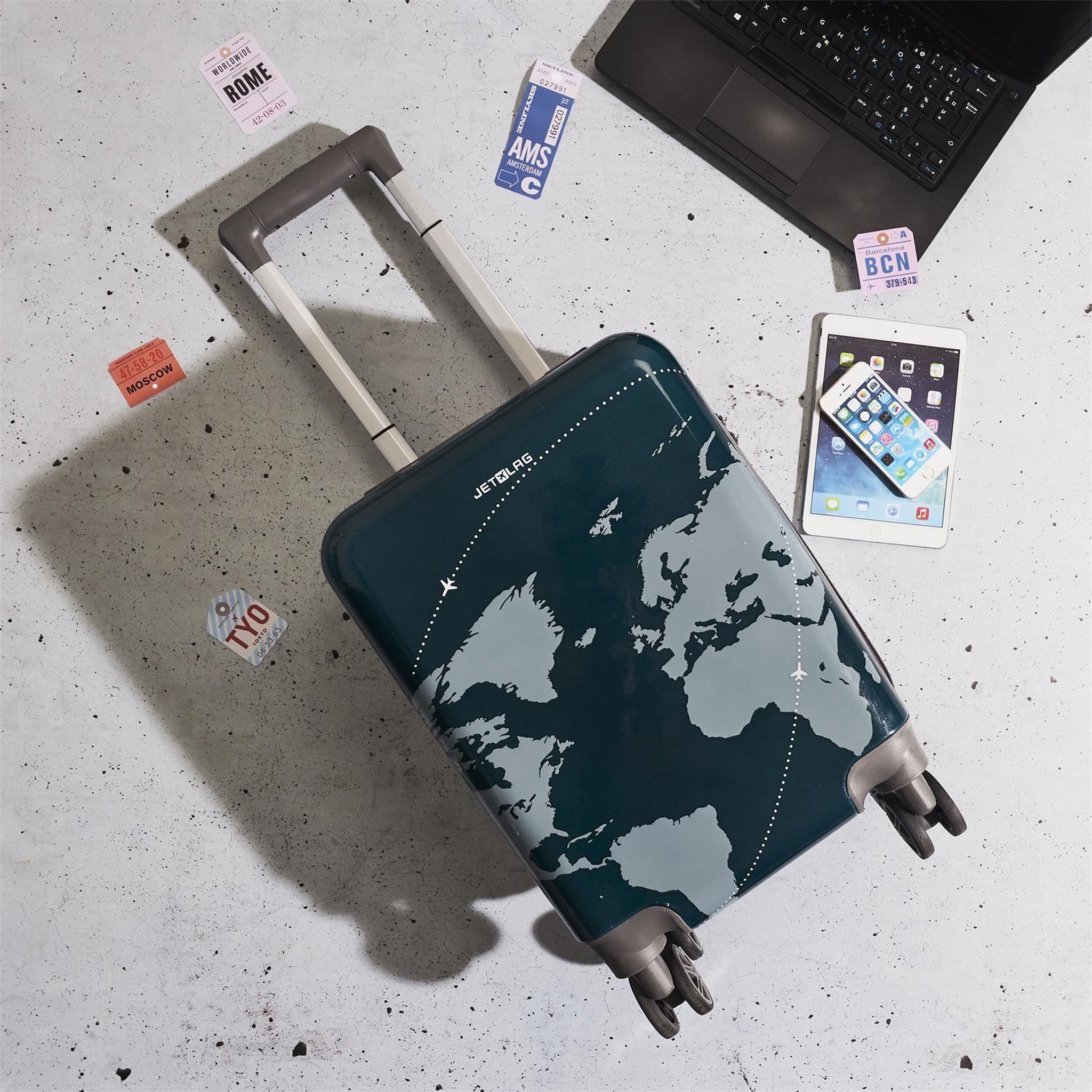 Voir la diapositive 2 : Jet lag Valise cabine carte du monde - gris
