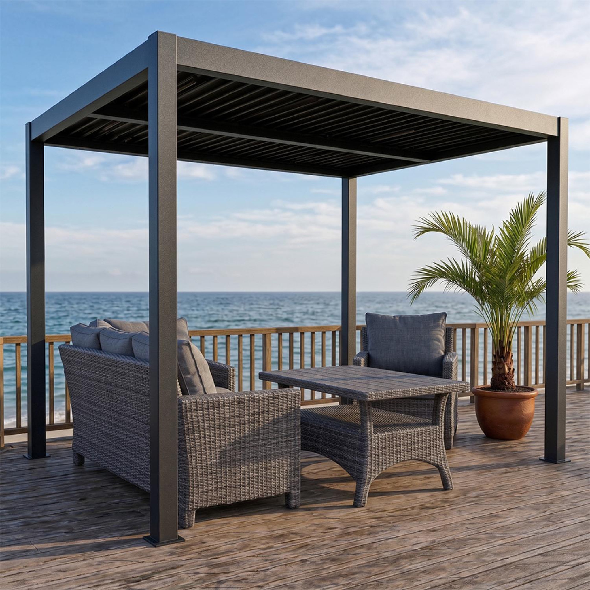 Voir la diapositive 4 : CONCEPT USINE Pergola bioclimatique structure et lames orientables en aluminium 3x3m rhodes