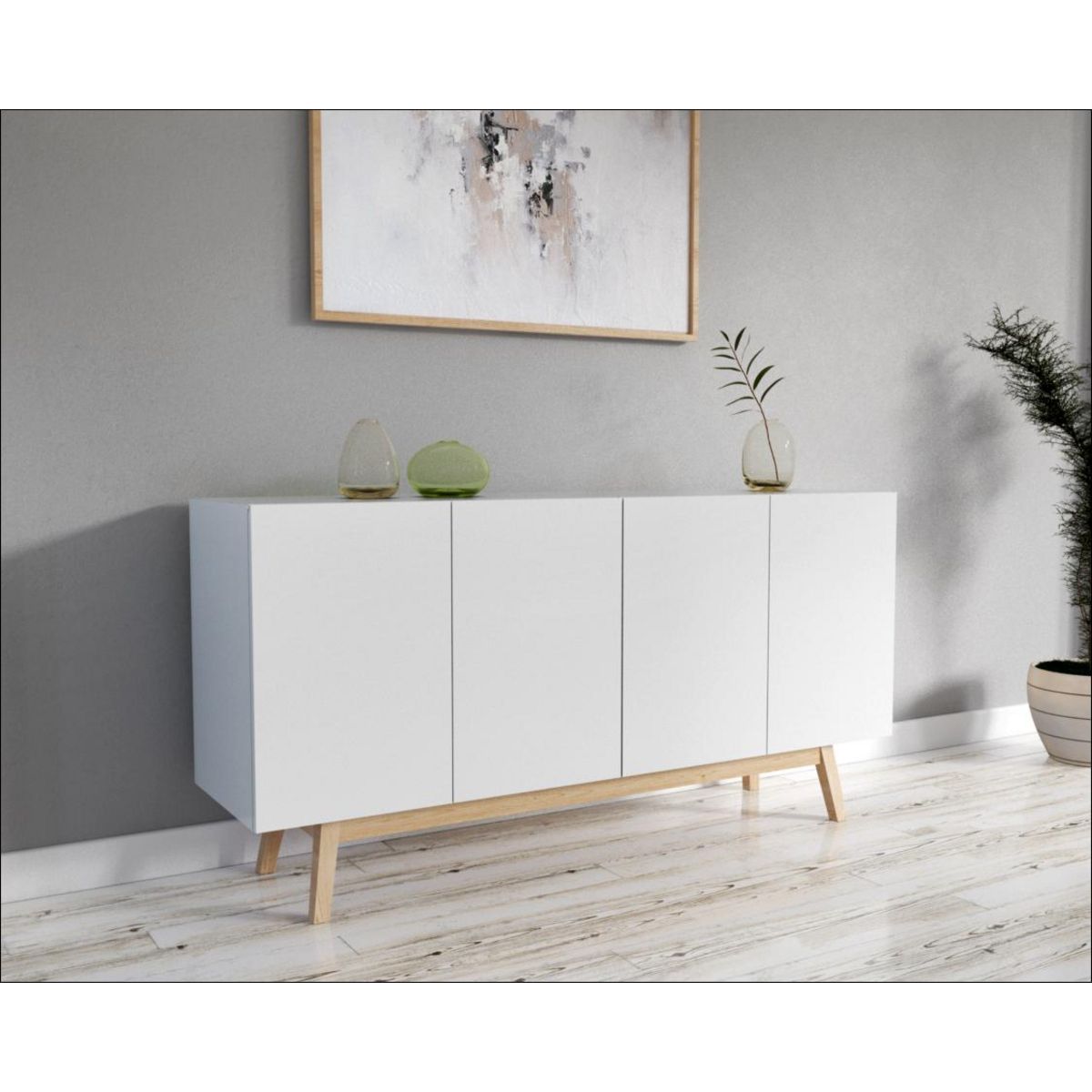 Bahut scandinave SNOW blanc, 4 portes 2 tiroirs L160cm