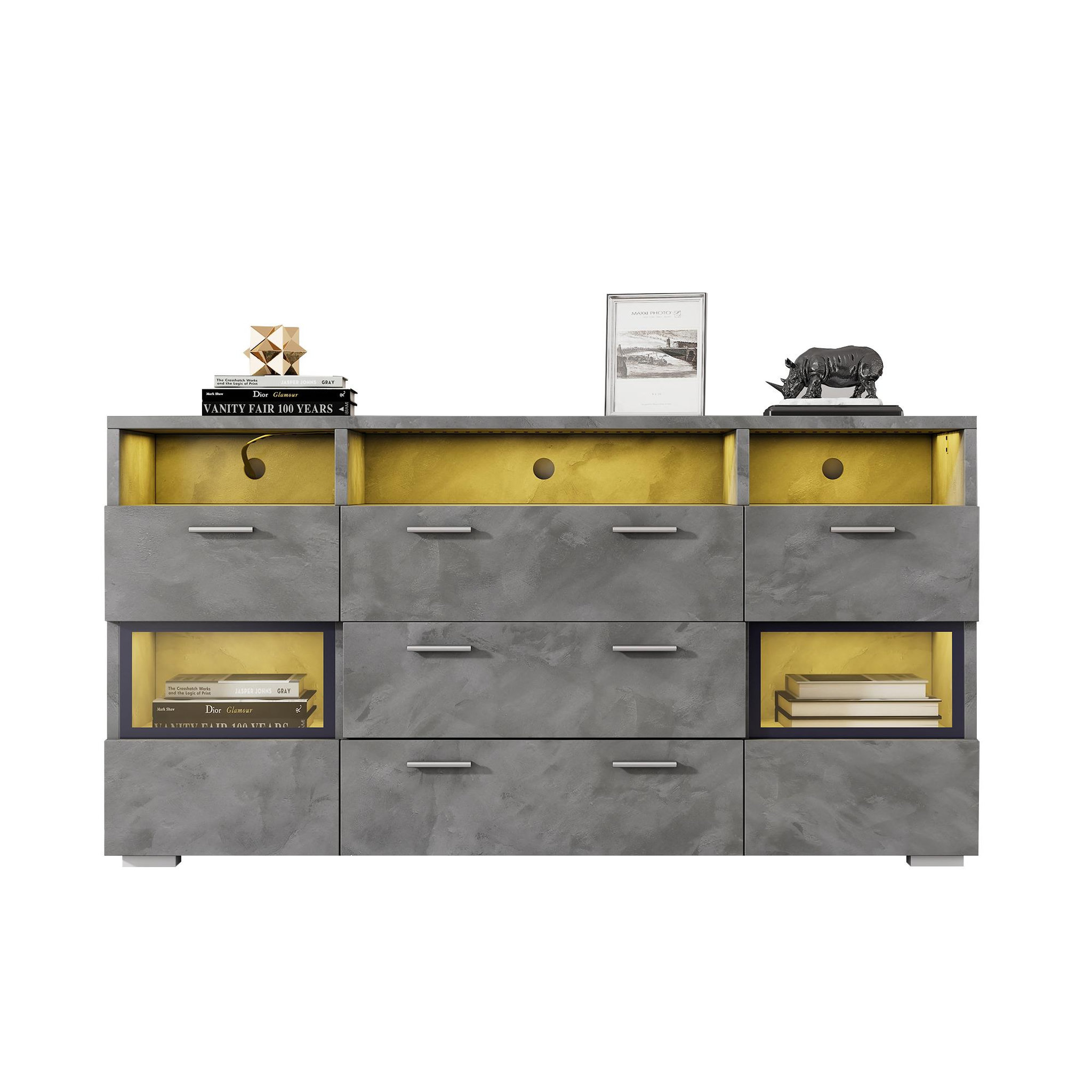 MERAX Buffet 2 porte(s) 3 tiroir(s) - 140 cm gris led panneau de particules