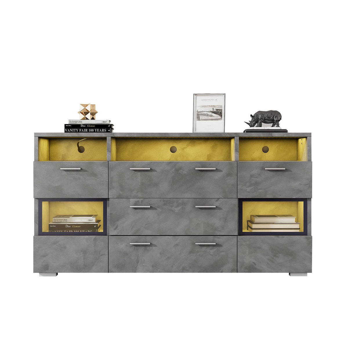 MERAX Buffet 2 porte(s) 3 tiroir(s) - 140 cm gris led panneau de particules