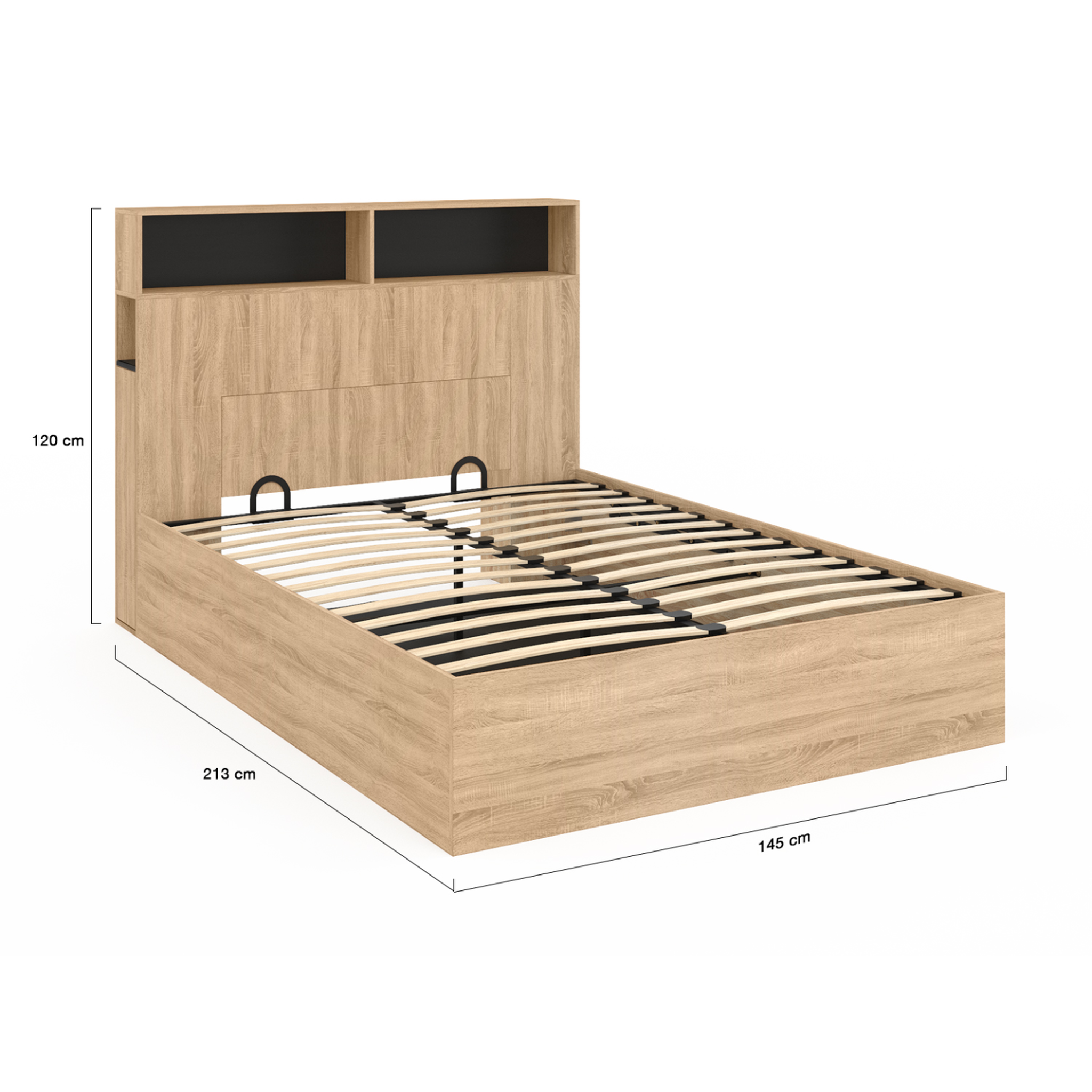 Voir la diapositive 5 : ID MARKET Lit coffre double clyde avec tête de lit + rangements et sommier 140 x 190 cm façon hêtre et noir